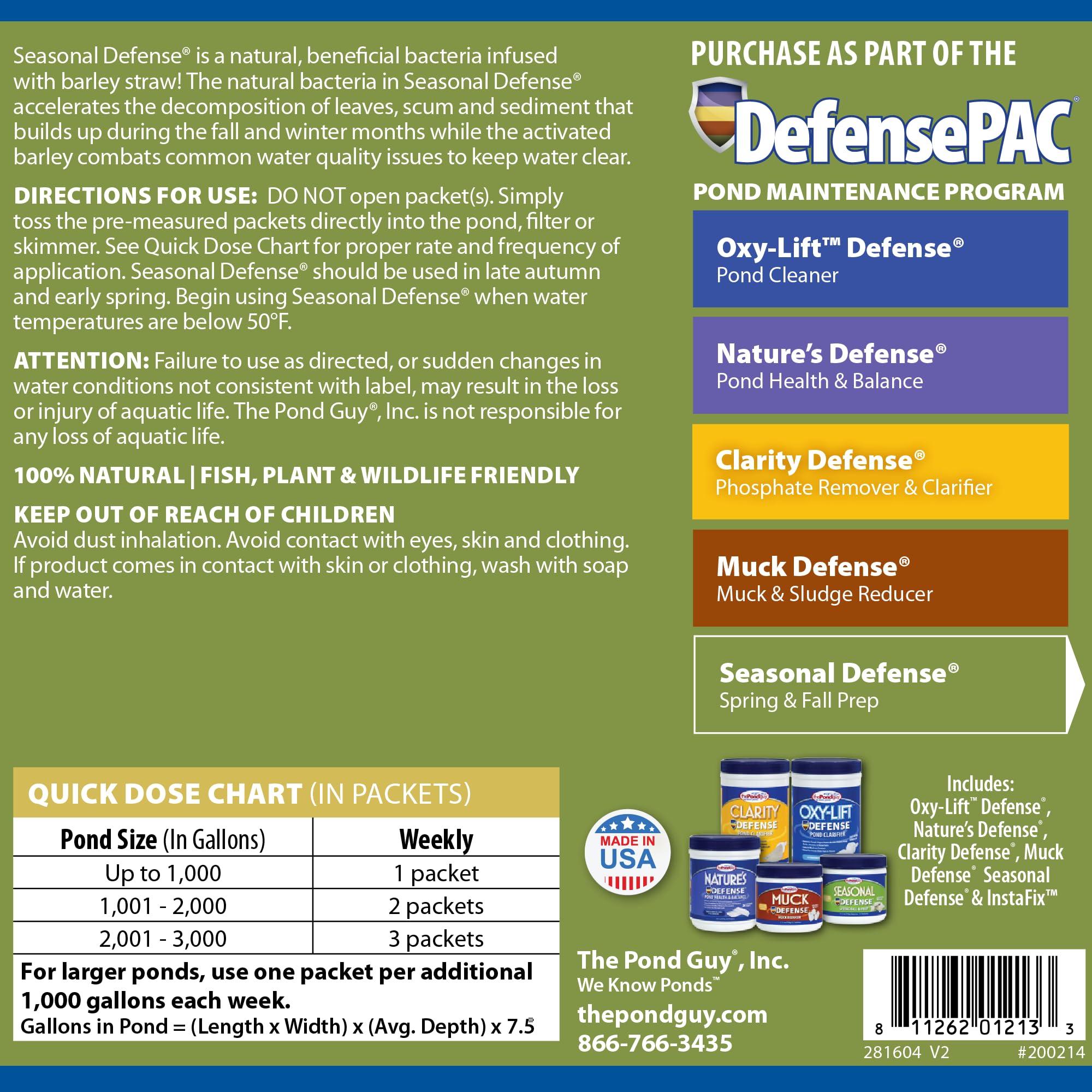 The Pond Guy Seasonal Defense bottle and packets ready for use in ponds.