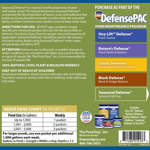 The Pond Guy Seasonal Defense bottle and packets ready for use in ponds.