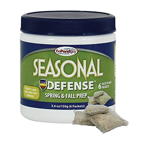 The Pond Guy Seasonal Defense bottle packaging showing easy-to-use treatment for cooler water ponds