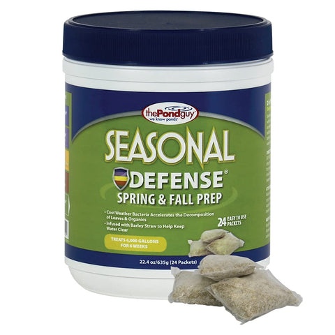 The Pond Guy Seasonal Defense packaging enables easy dosing in cooler water.