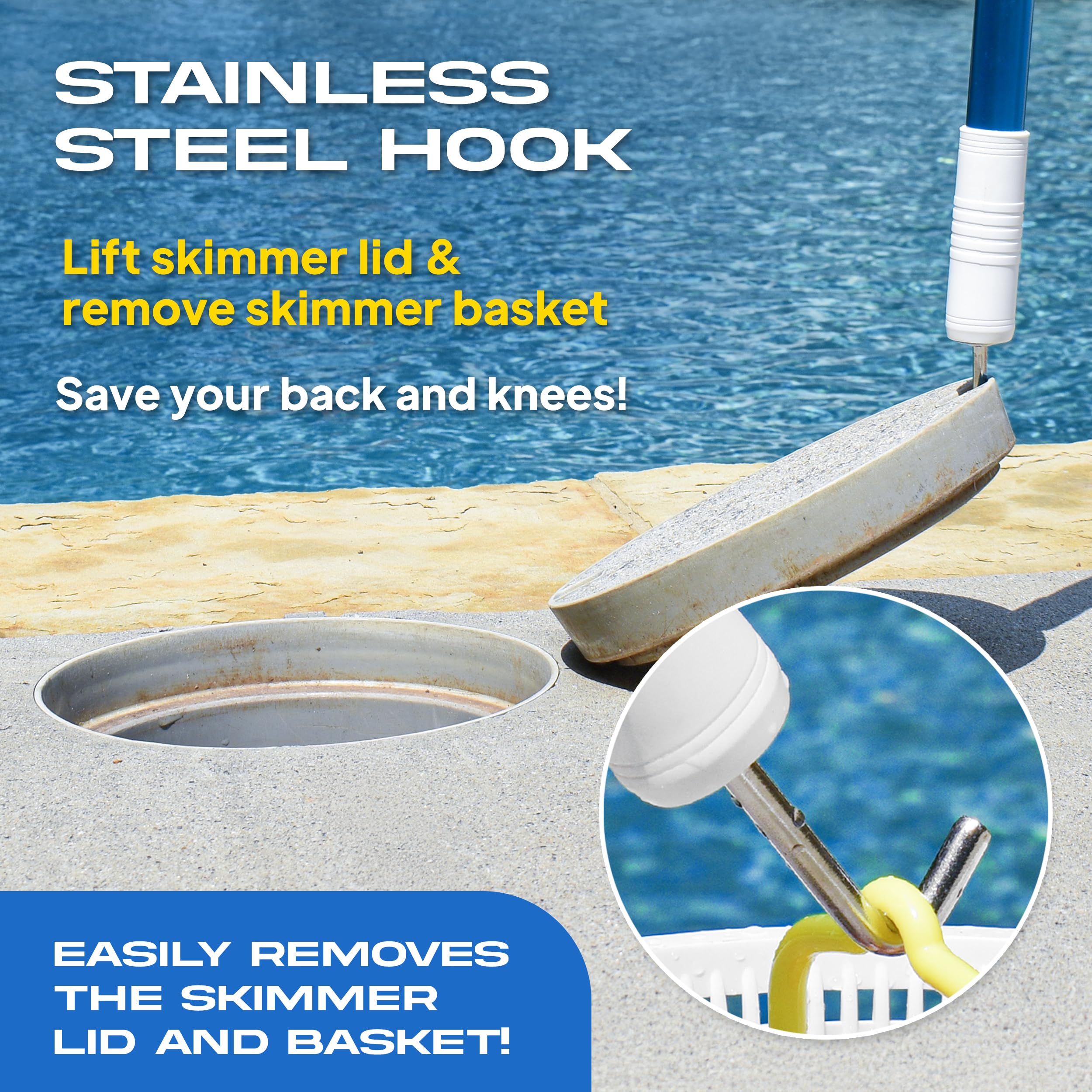 The Skimmie fine mesh net traps small debris before reaching the filter.
