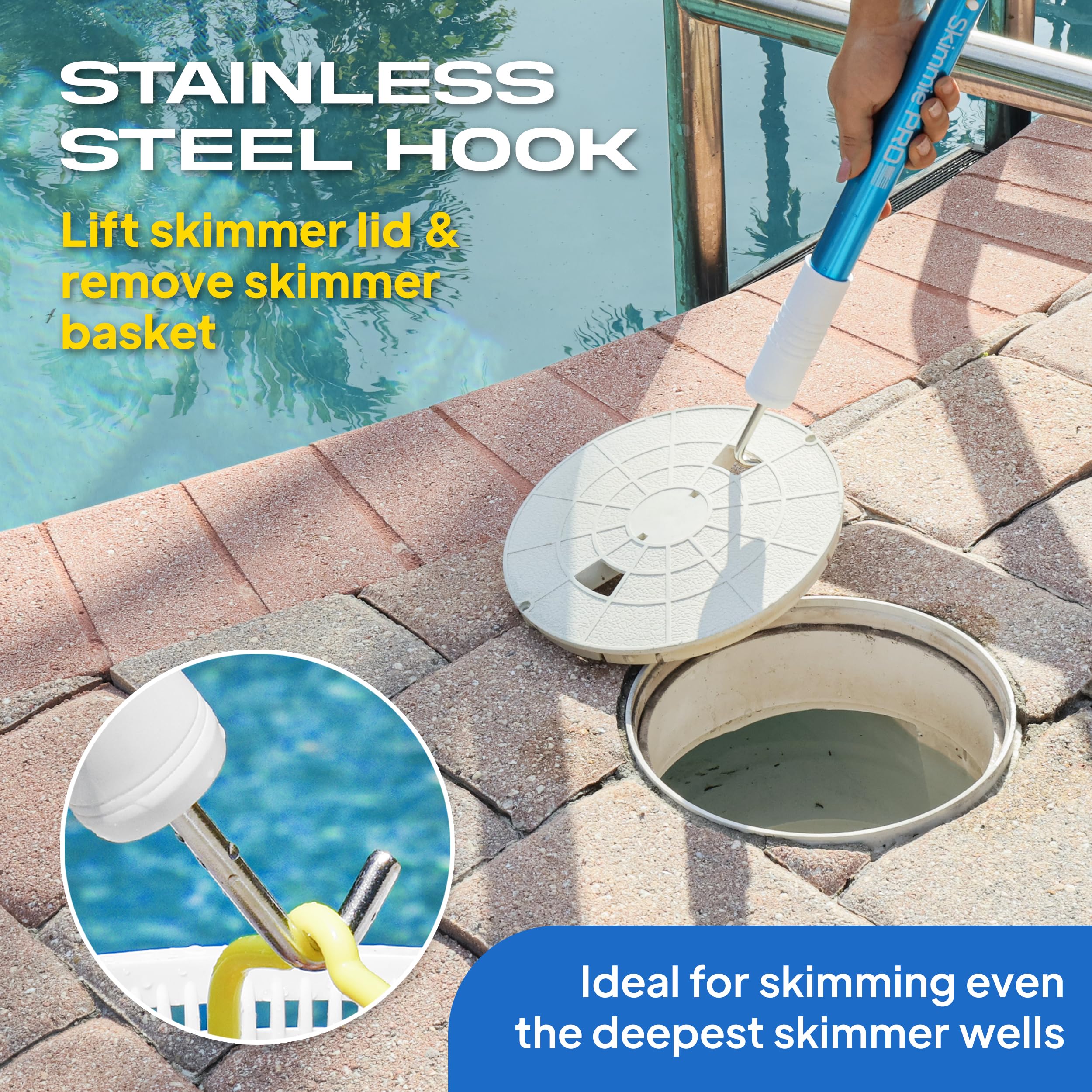 The Skimmie Pro extended reach helps skim deep skimmer wells with ease.