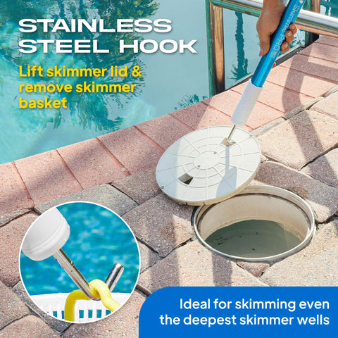 The Skimmie Pro extended reach helps skim deep skimmer wells with ease.
