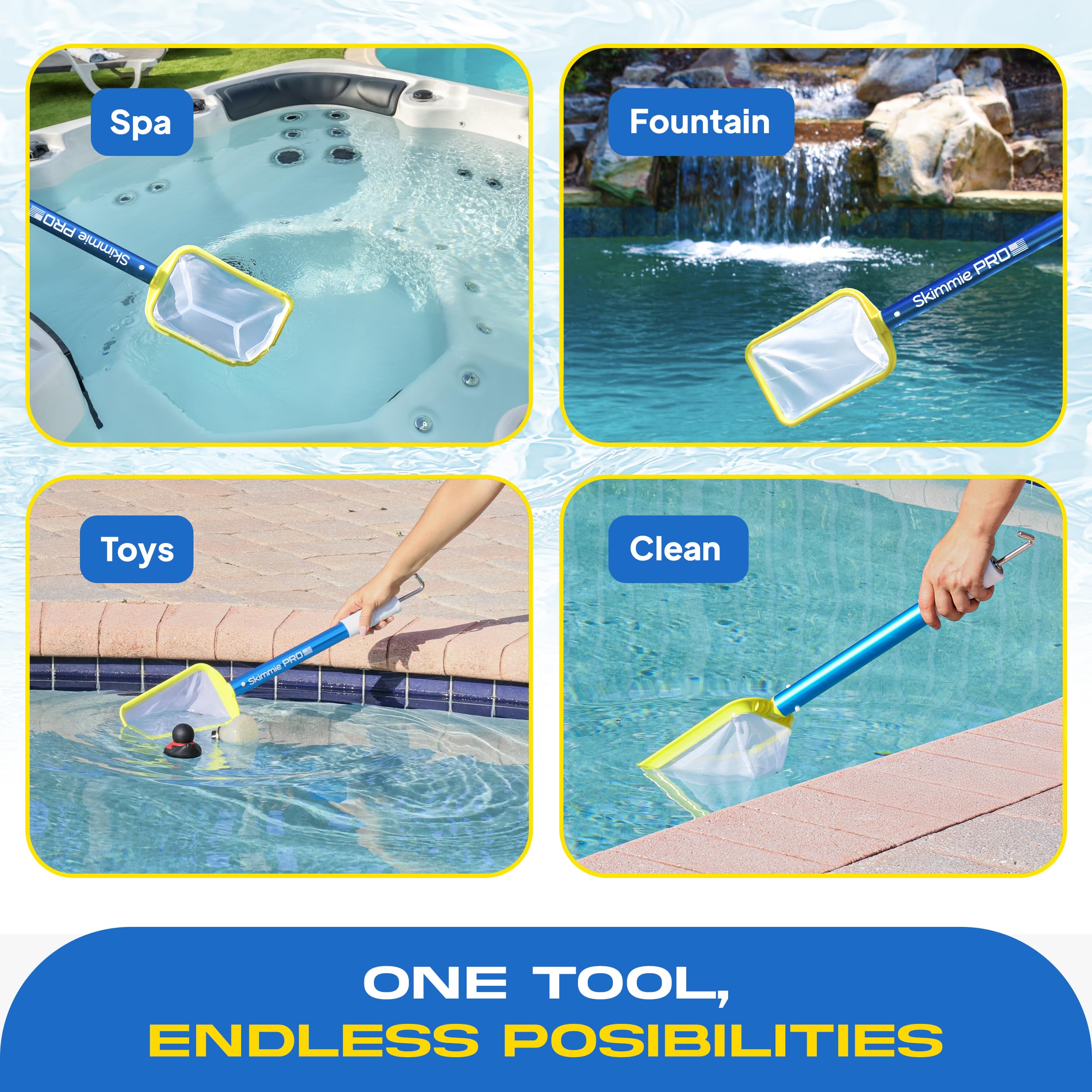 The Skimmie Pro grabs pool toys and hoses for quick retrieval from the water edge.