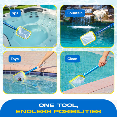 The Skimmie Pro grabs pool toys and hoses for quick retrieval from the water edge.