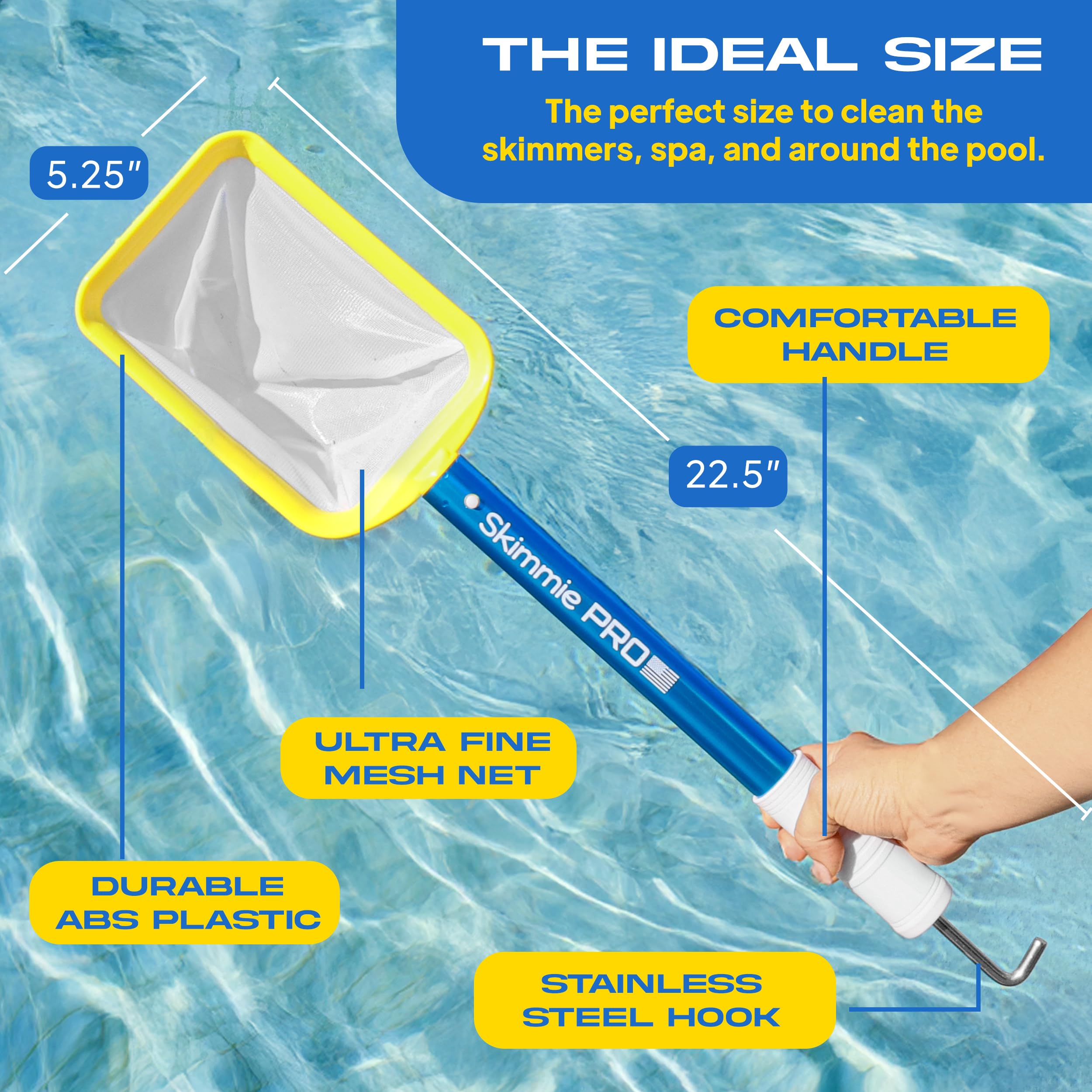 The Skimmie Pro stainless steel hook lifts skimmer lids and baskets without bending.
