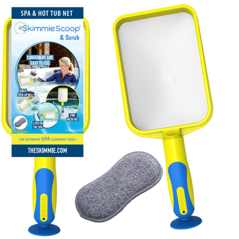 The Skimmie Scoop handheld skimmer removing fine spa debris for quick cleaning