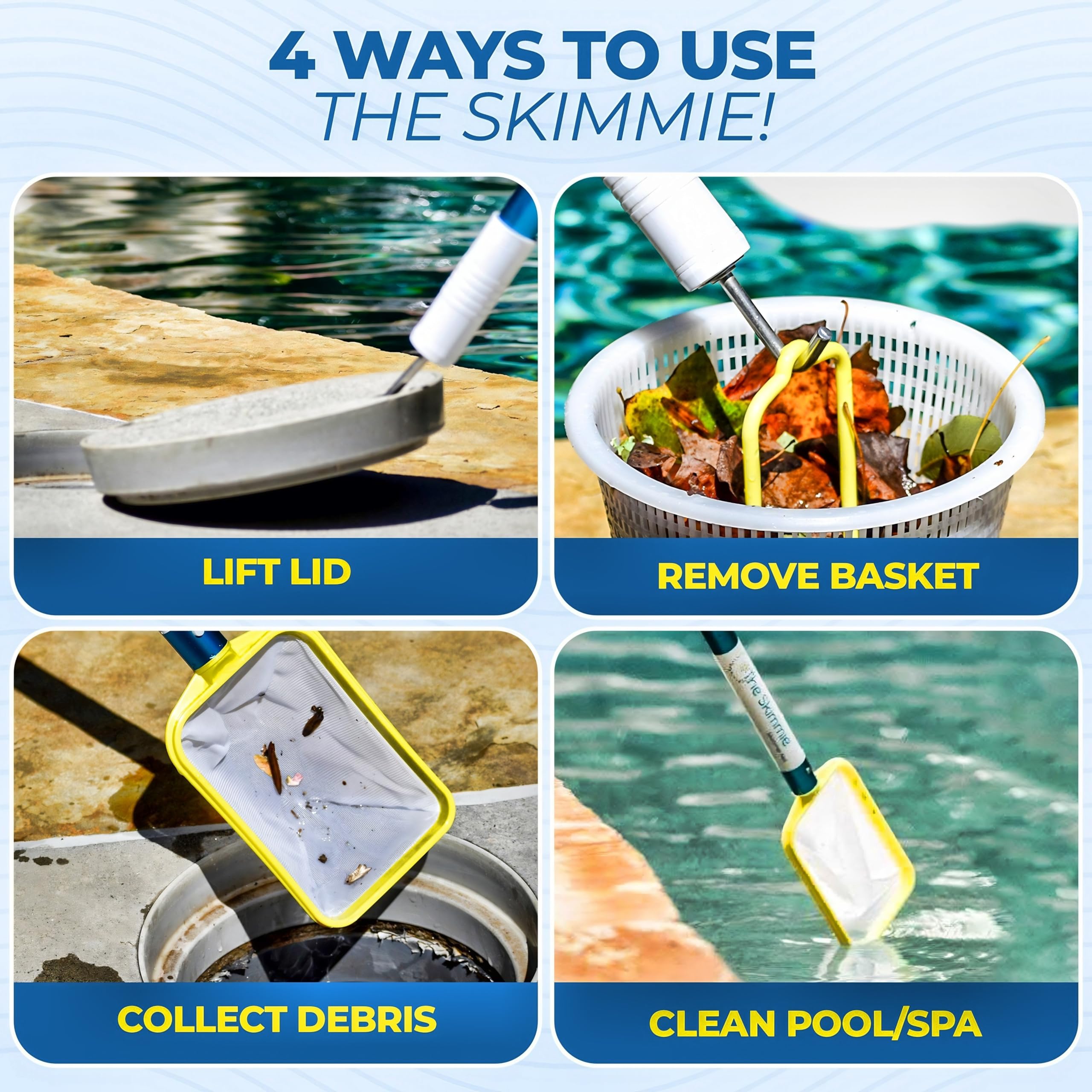 The Skimmie stainless steel hook lifting a skimmer lid without bending.