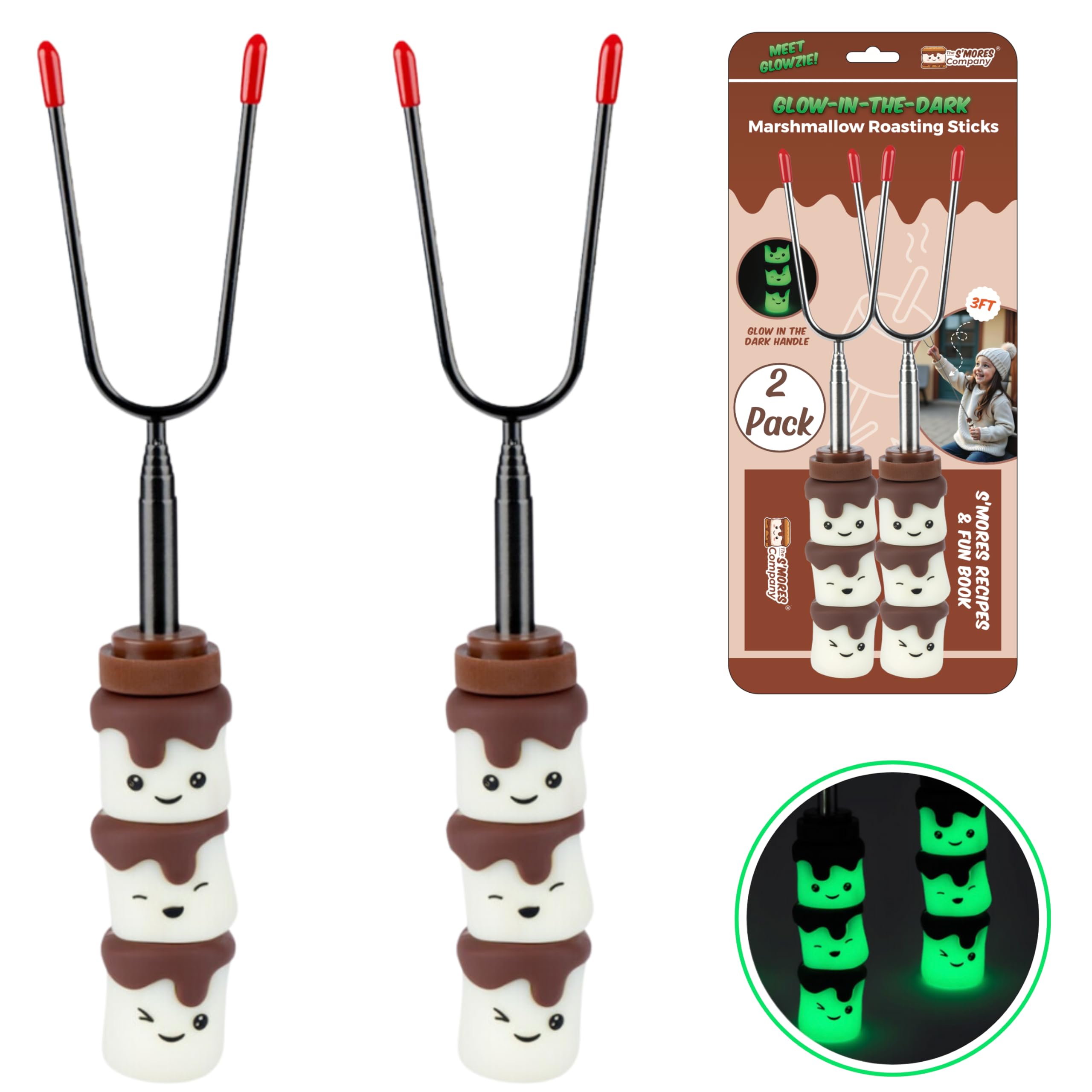 The S'mores Company Glowzies extended-handle sticks for safe, long-distance roasting.