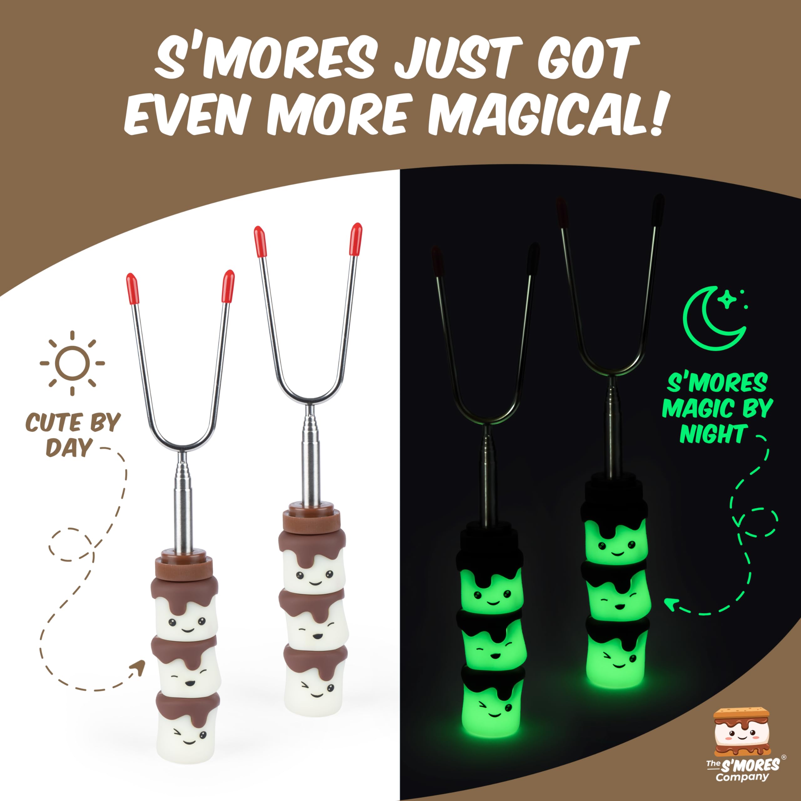 The S'mores Company Glowzies rotating-wheel sticks for even browning at campfires.