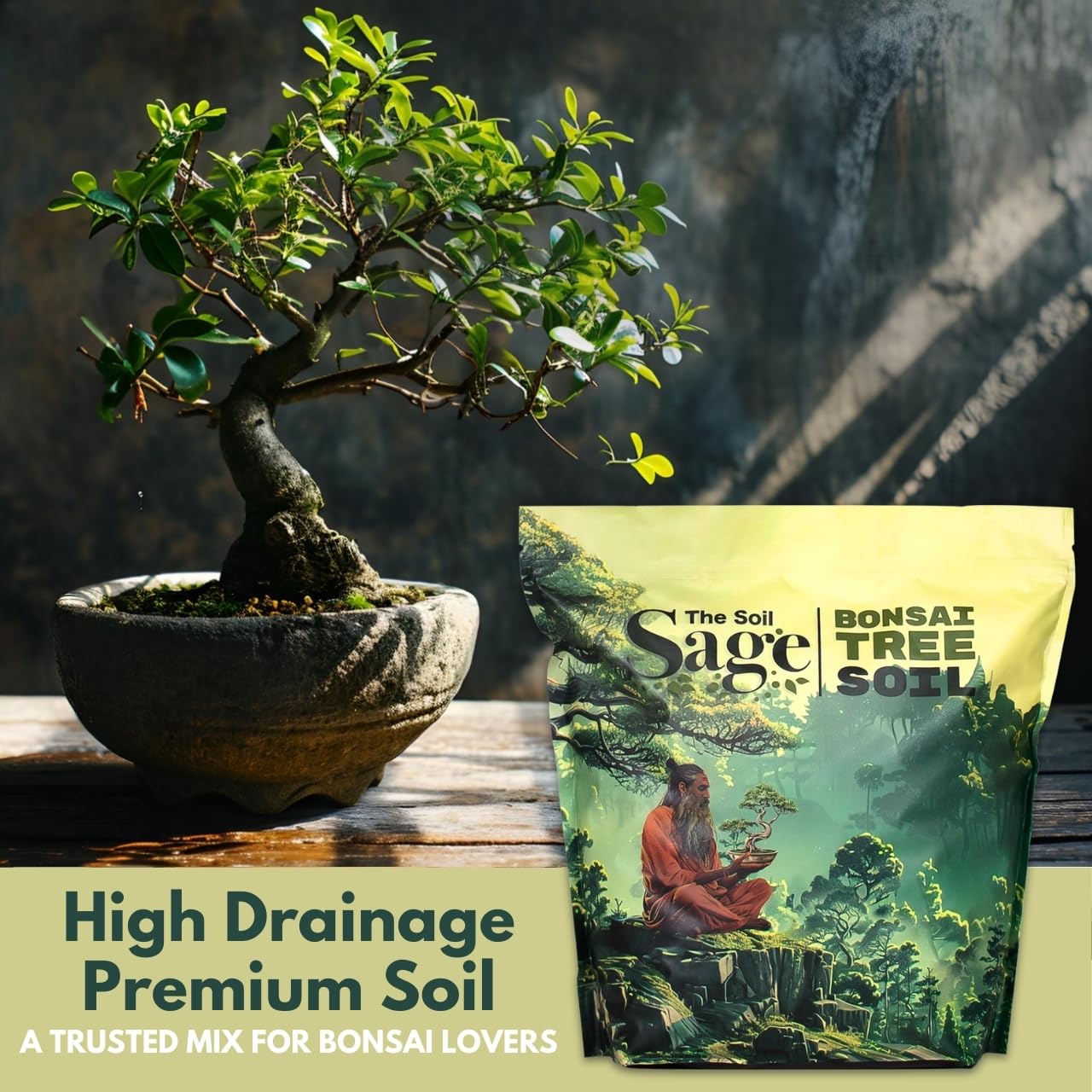 The Soil Sage akadama and pine bark fines retain moisture without compaction.
