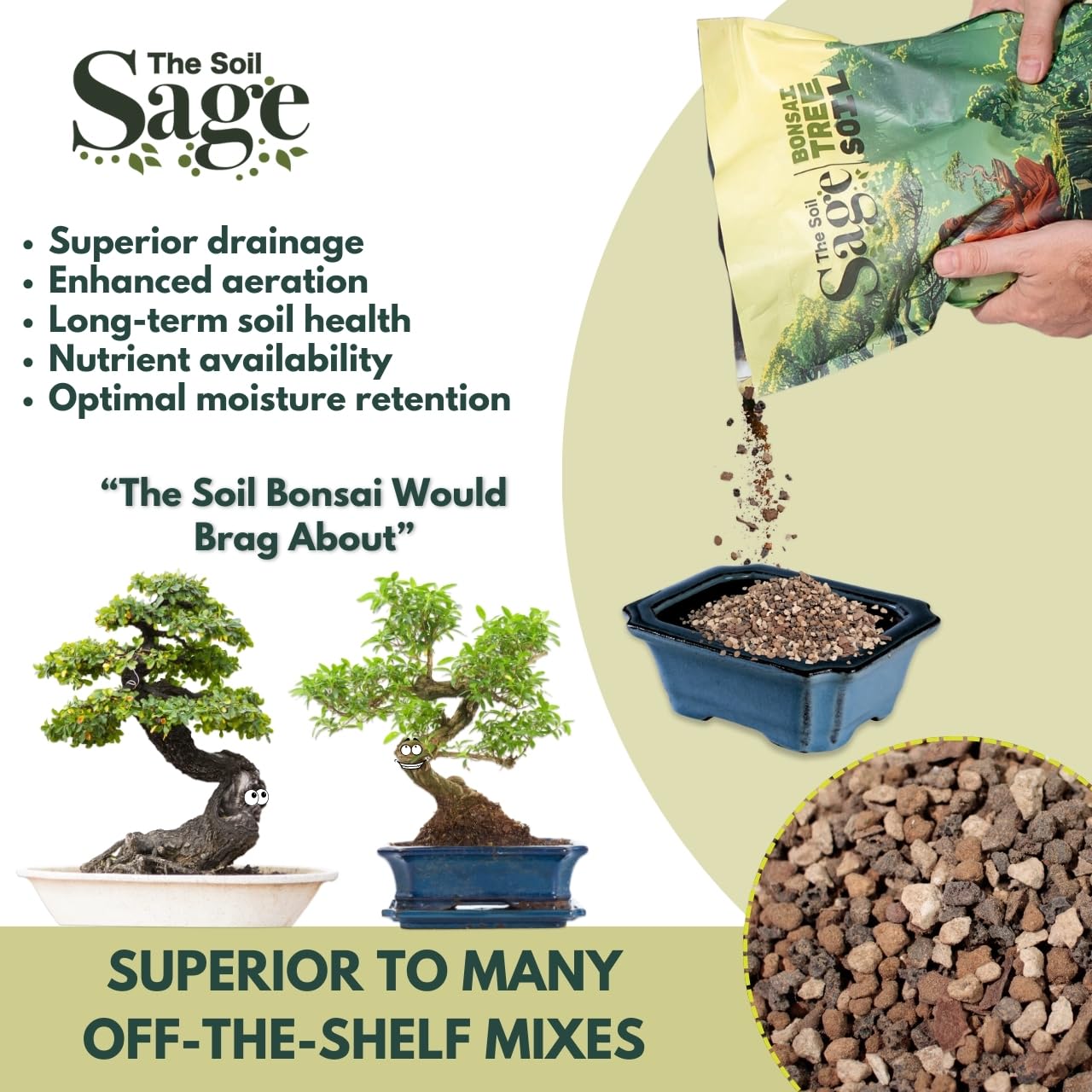 The Soil Sage blend supports multiple bonsai species like junipers and maples.