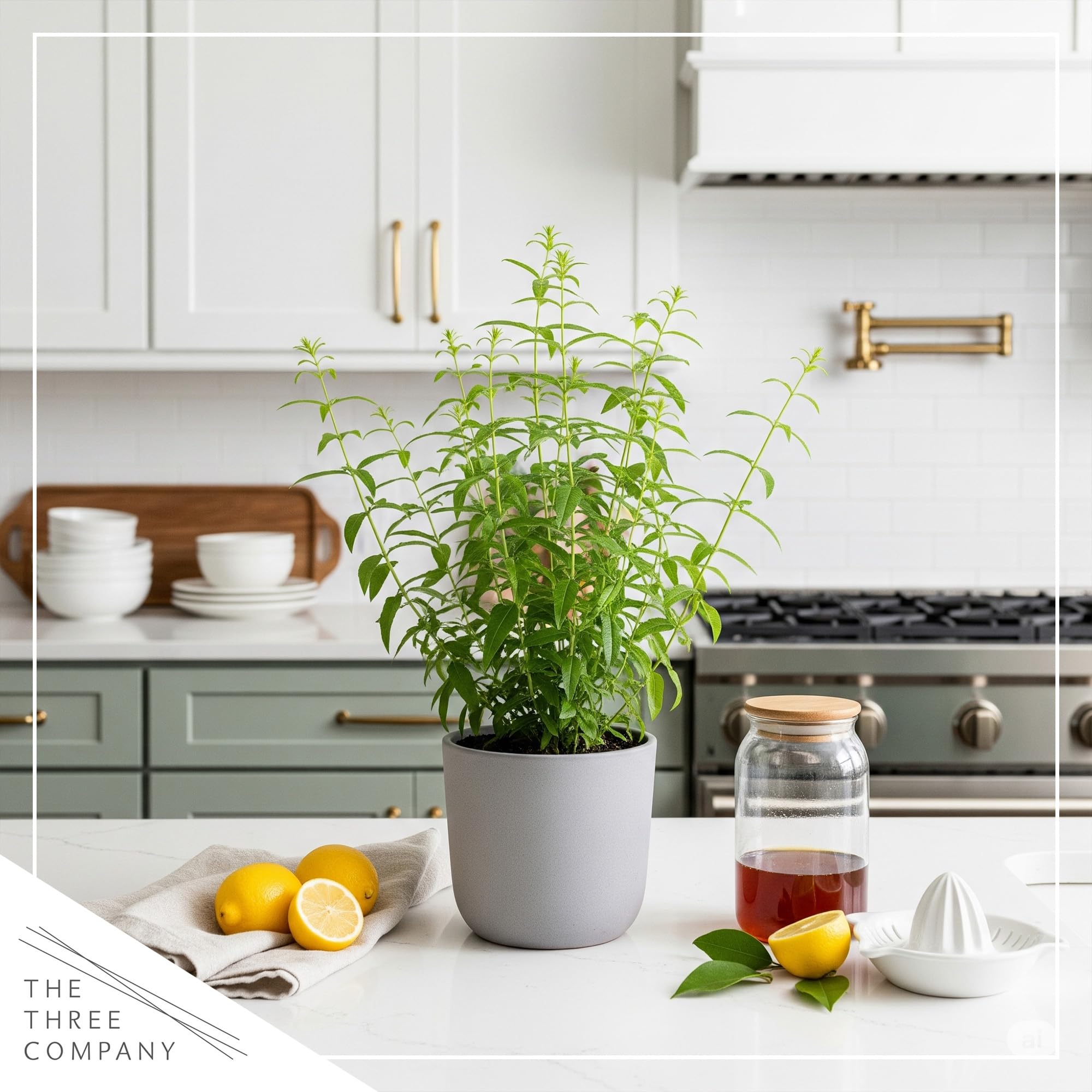 The Three Company lemon verbena edible leaves, perfect for teas, desserts, and savory dishes.