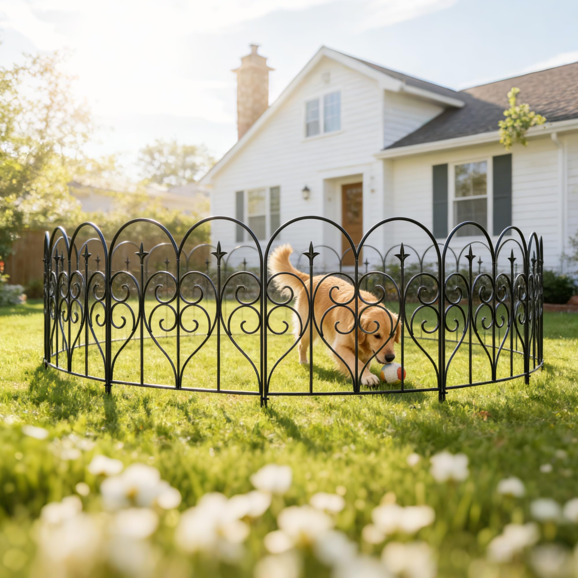 Thealyn garden border fencing around a lush garden bed