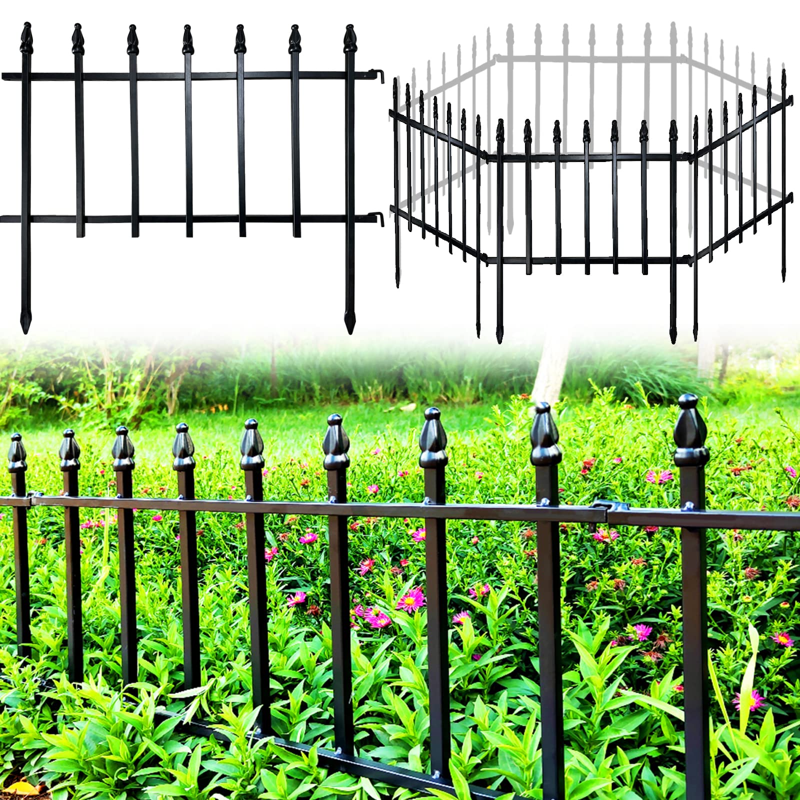 Thealyn metal decorative garden fence panel borders a flower bed with a sleek border.