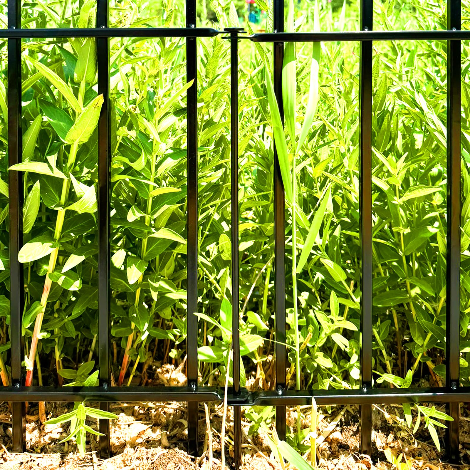Thealyn garden border fence frames a lush patio area