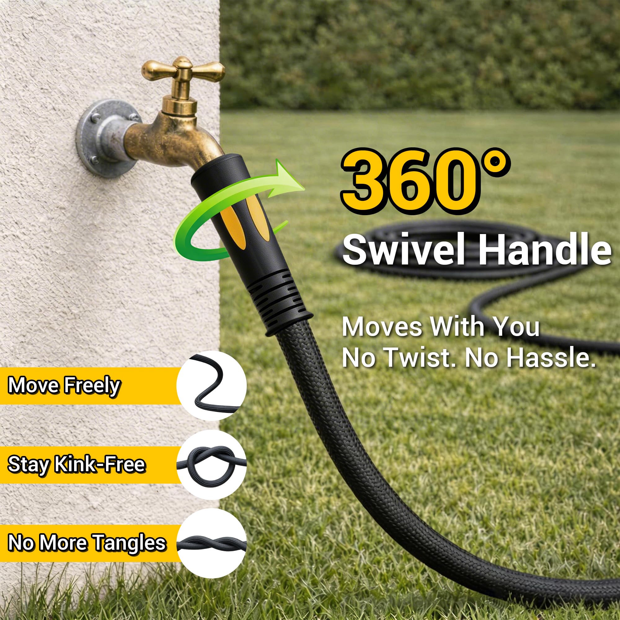 TheFitLife hose with kink-free swivel fittings enables smooth watering around corners.