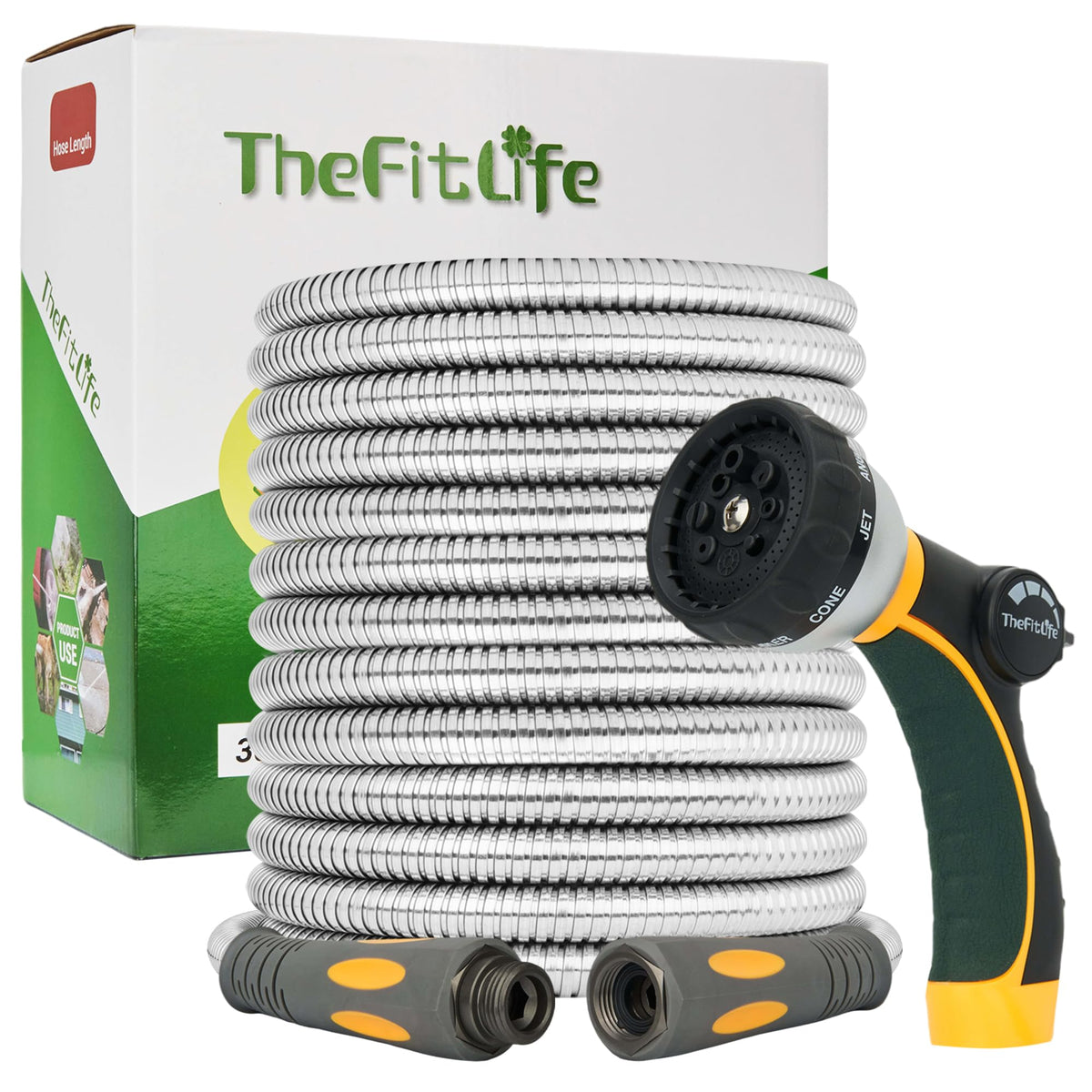 TheFitLife metal garden hose in use watering a flower bed with steady flow.
