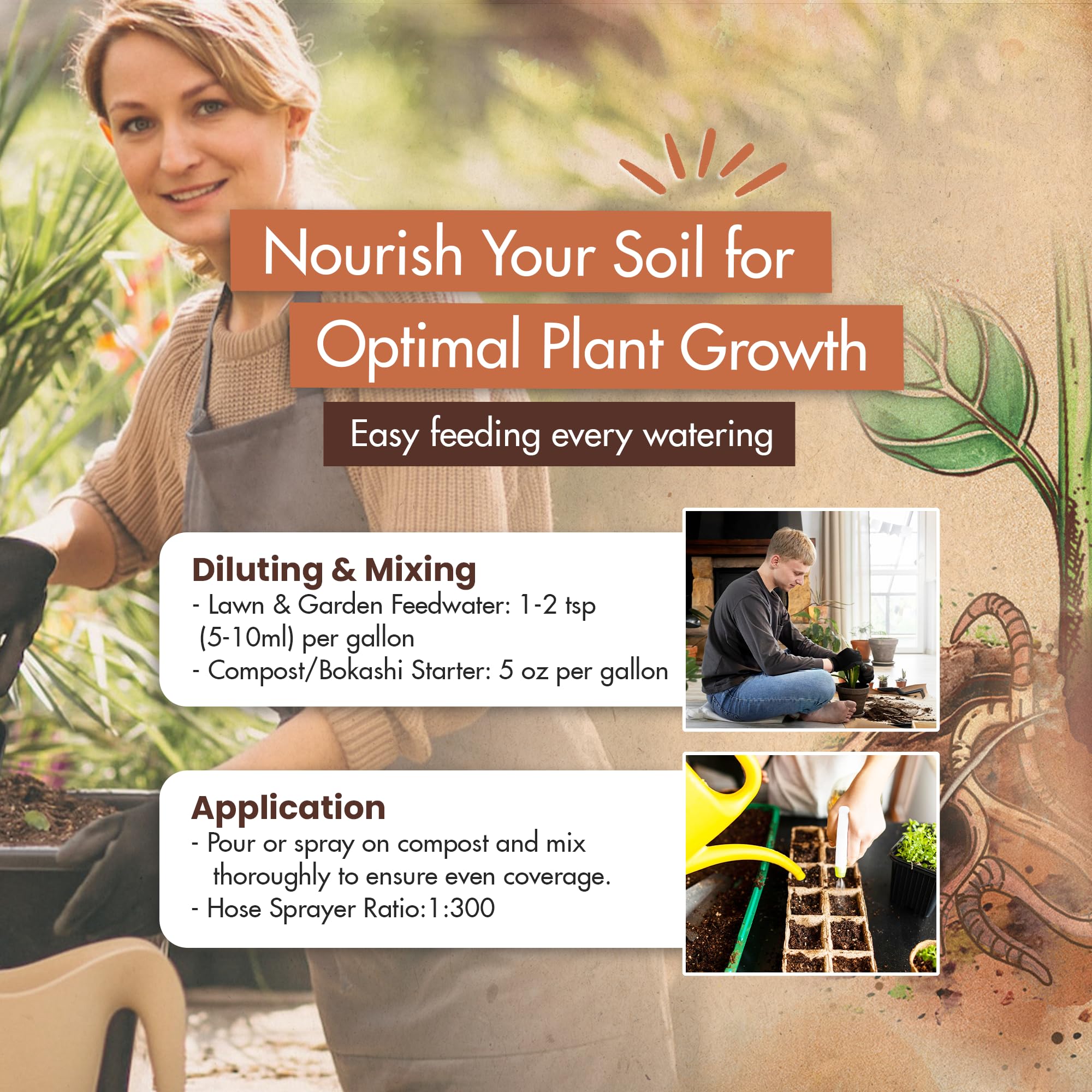 The Grow Co garden application scene shows easy to use worm casting tea