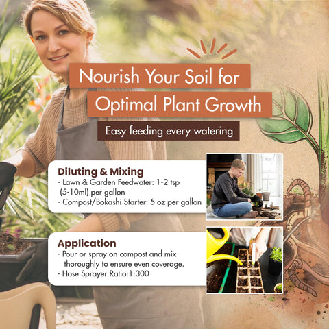 The Grow Co garden application scene shows easy to use worm casting tea