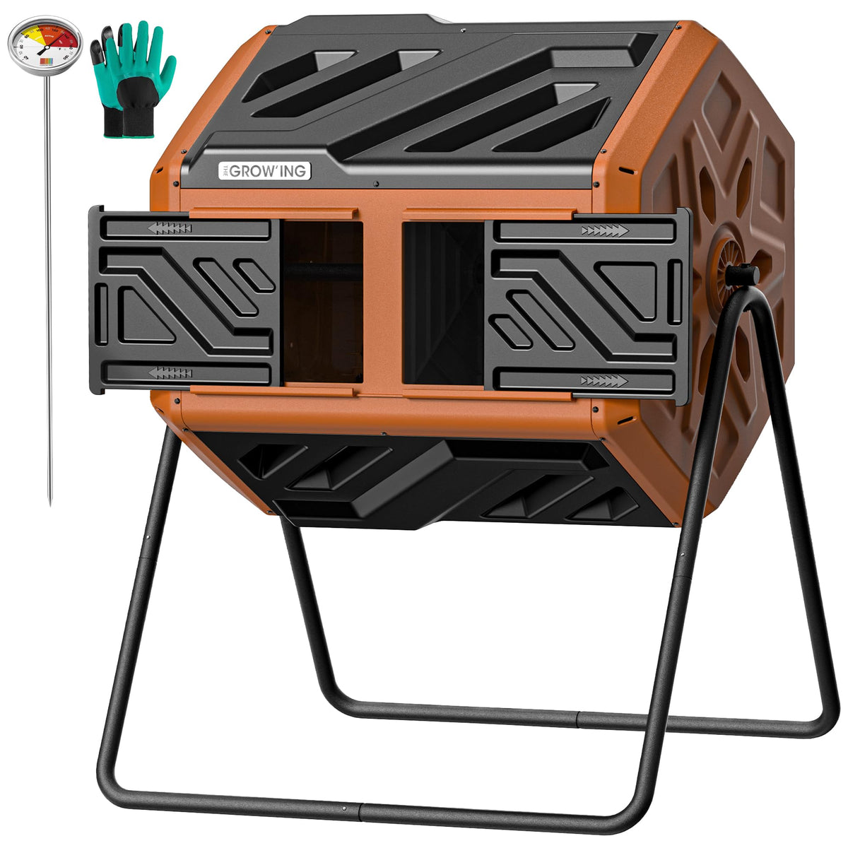 THE GROW'ING 43-gallon outdoor compost bin front view with thermometer for temperature monitoring.