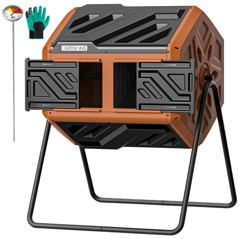 THE GROW'ING 43-gallon outdoor compost bin front view with thermometer for temperature monitoring.