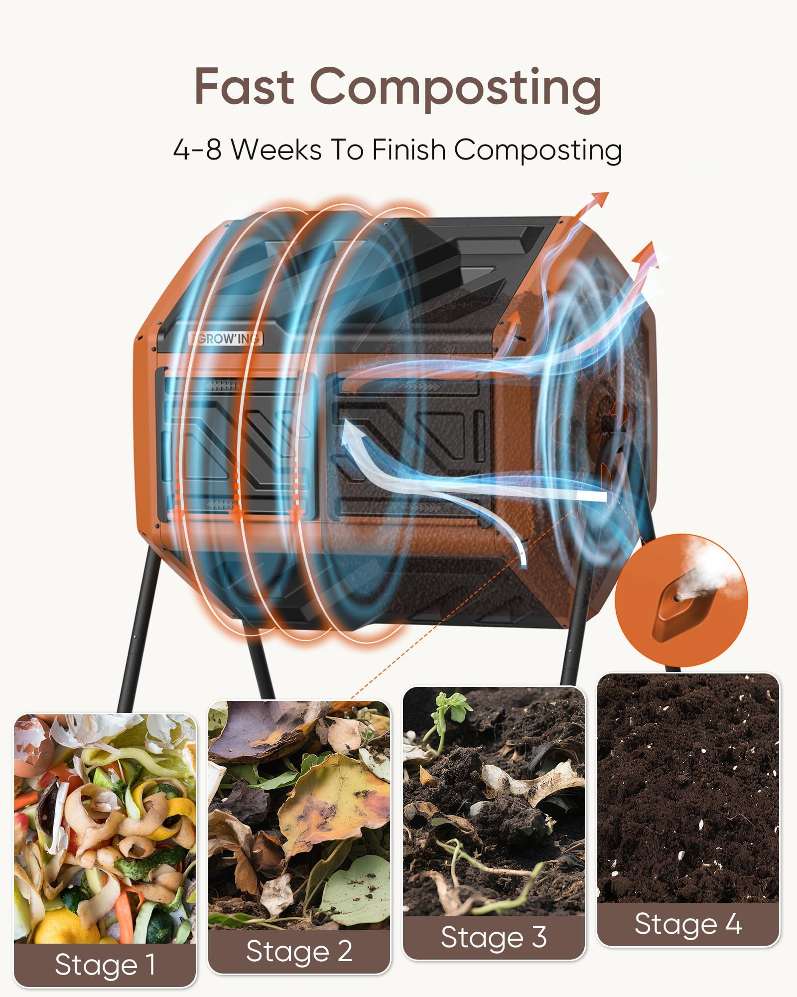 The Grow'ING 43-gallon capacity shown in a compact outdoor footprint.