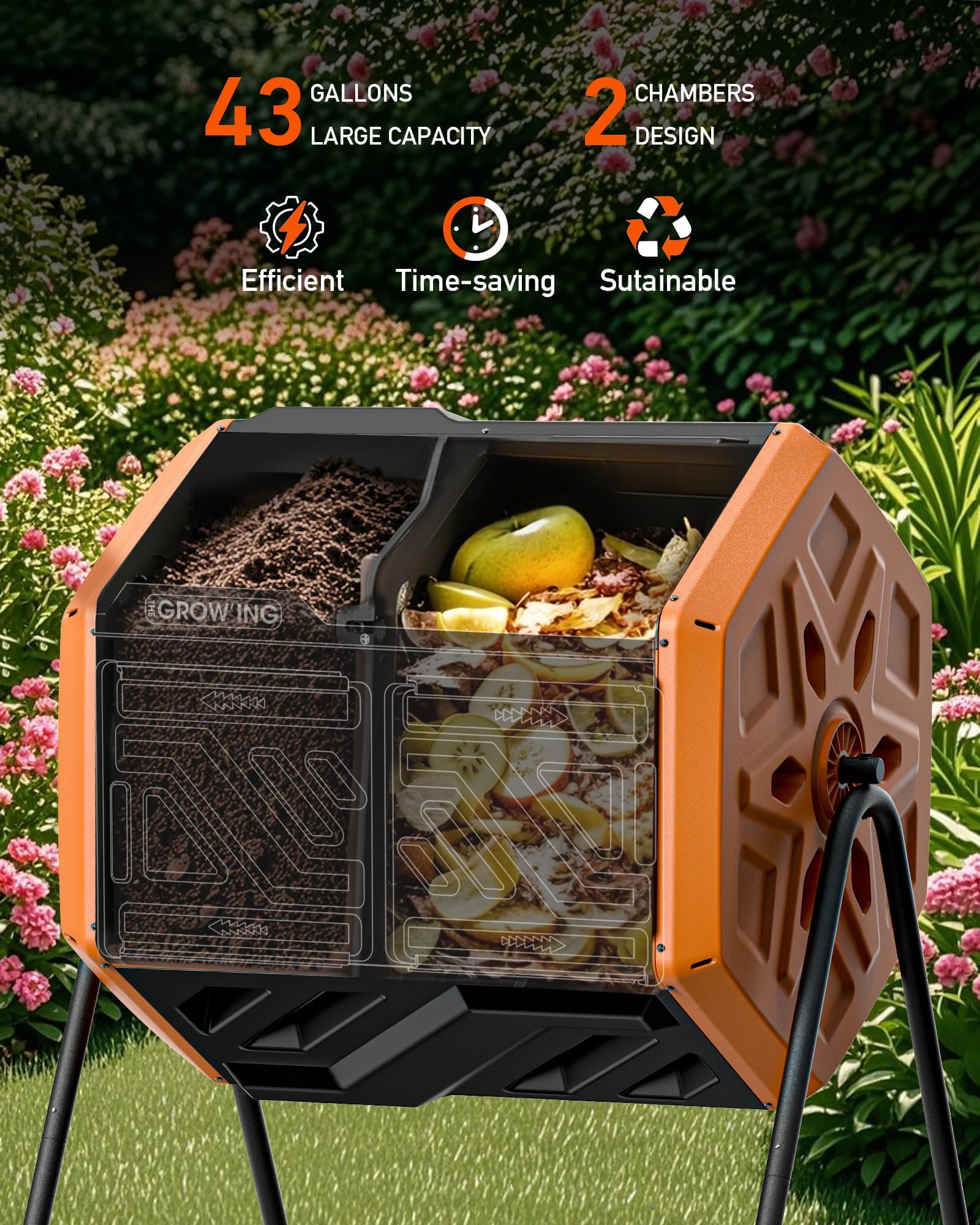 The Grow'ING dual-chamber design shown from the side enables batch composting.