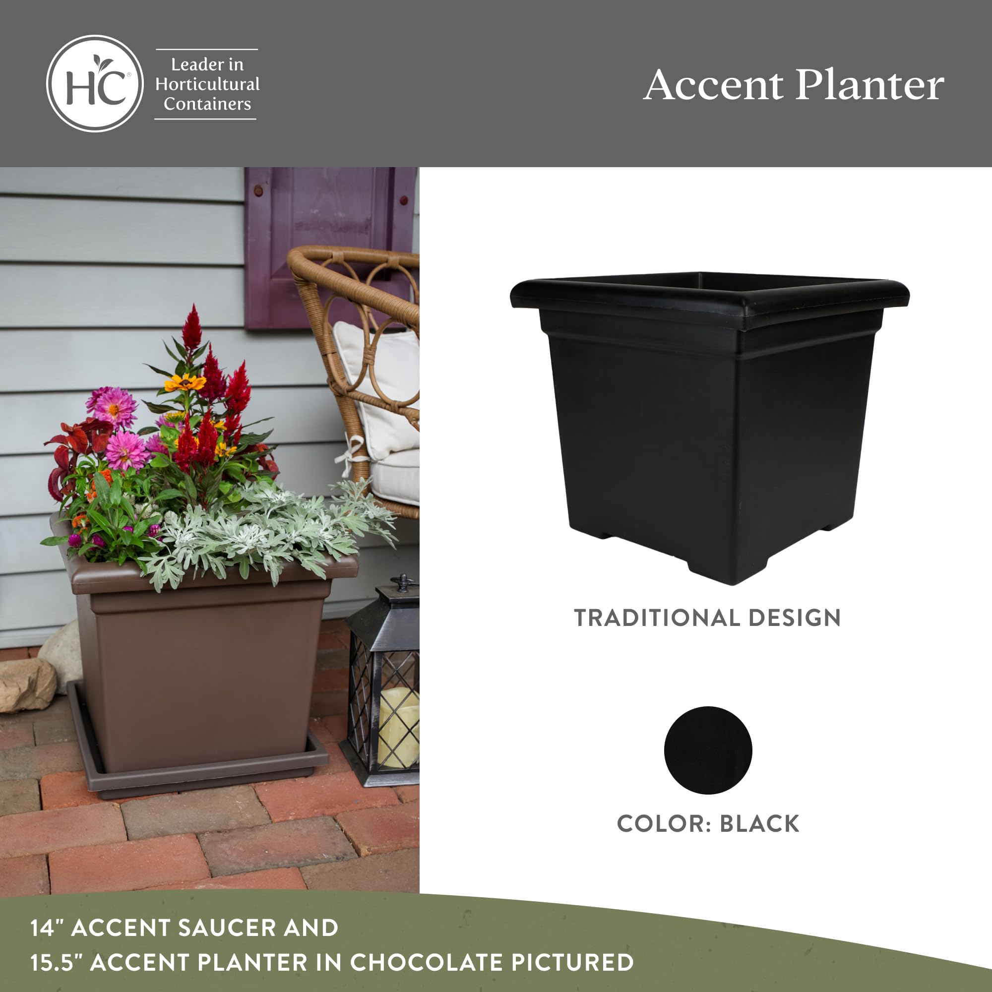 Removable drainage plug on The HC Companies square planter for customizable moisture control.