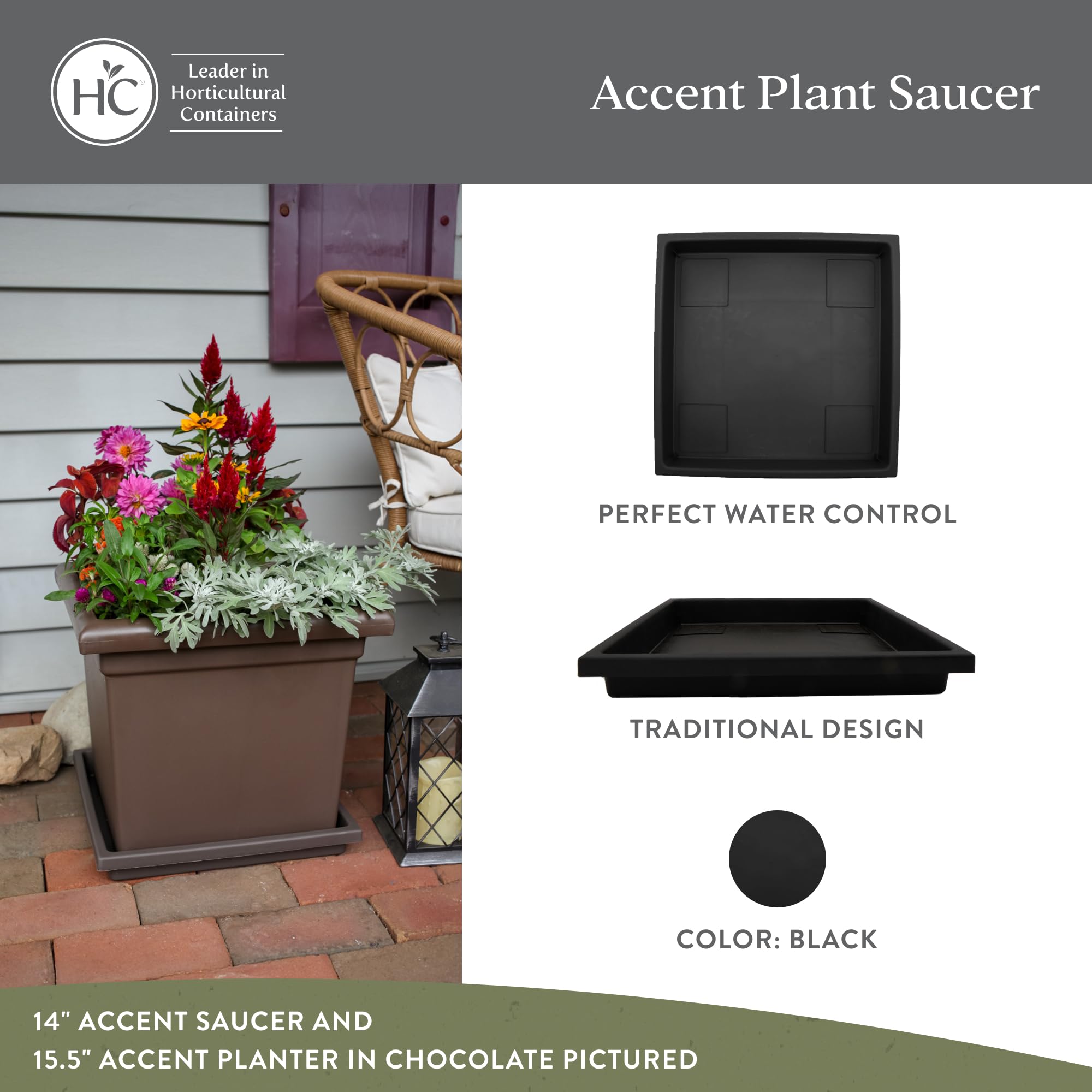 The HC Companies UV-resistant saucer endures sun exposure for long-lasting use.