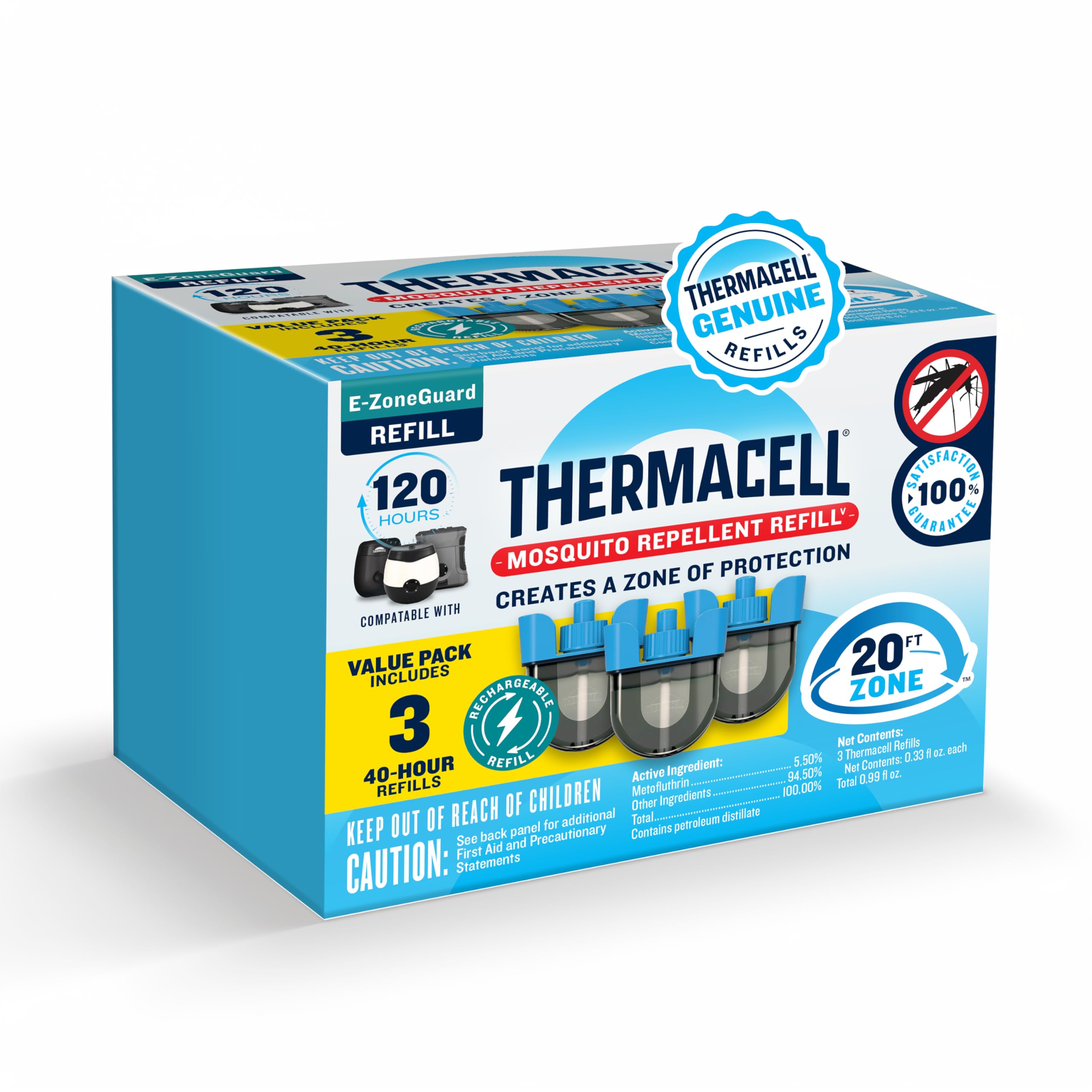 Thermacell E-ZoneGuard refill illustrating 20ft outdoor protection.