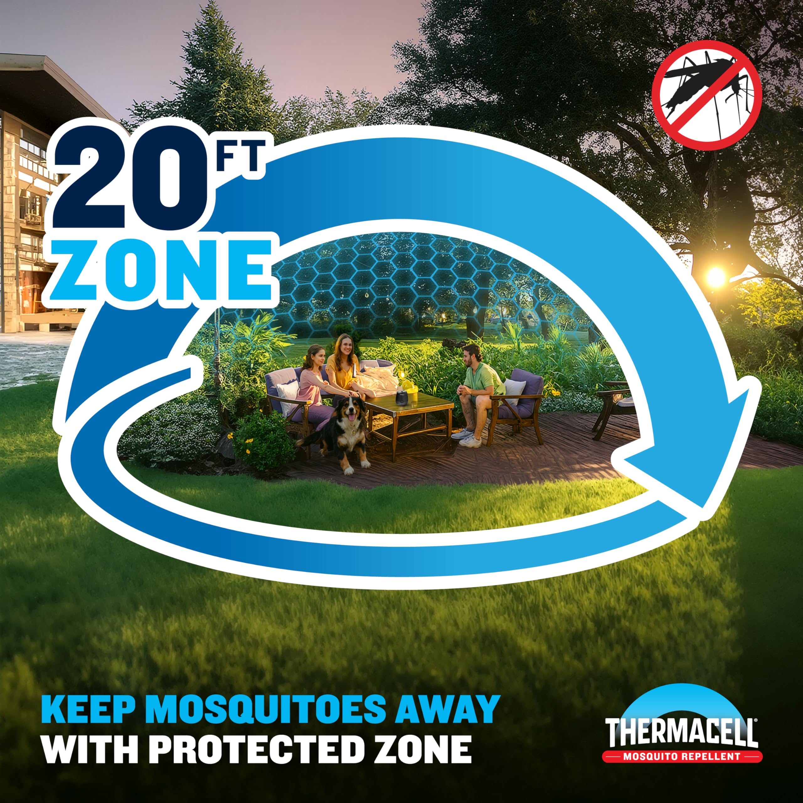 Thermacell E55 shows a 20-foot protection zone for patio use
