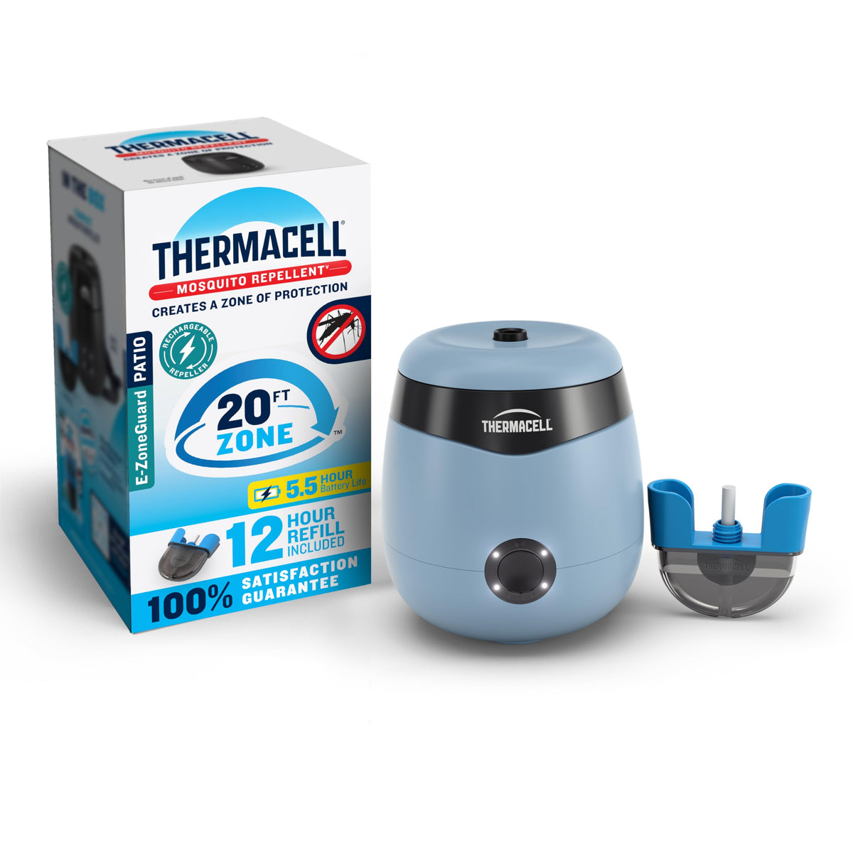 Thermacell E55 device in a backyard setting demonstrating scent-free protection