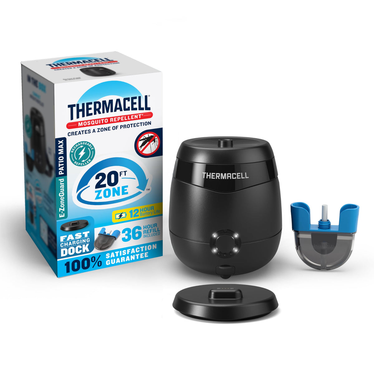 Thermacell E-ZoneGuard Patio Max on wireless dock provides outdoor protection while charging