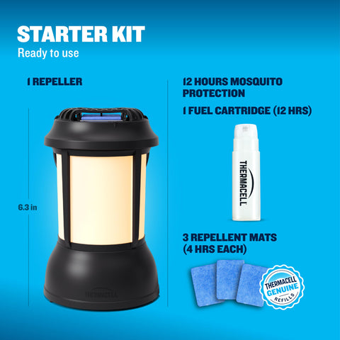 Thermacell Outdoor patio setup with Lantern ready on a table.
