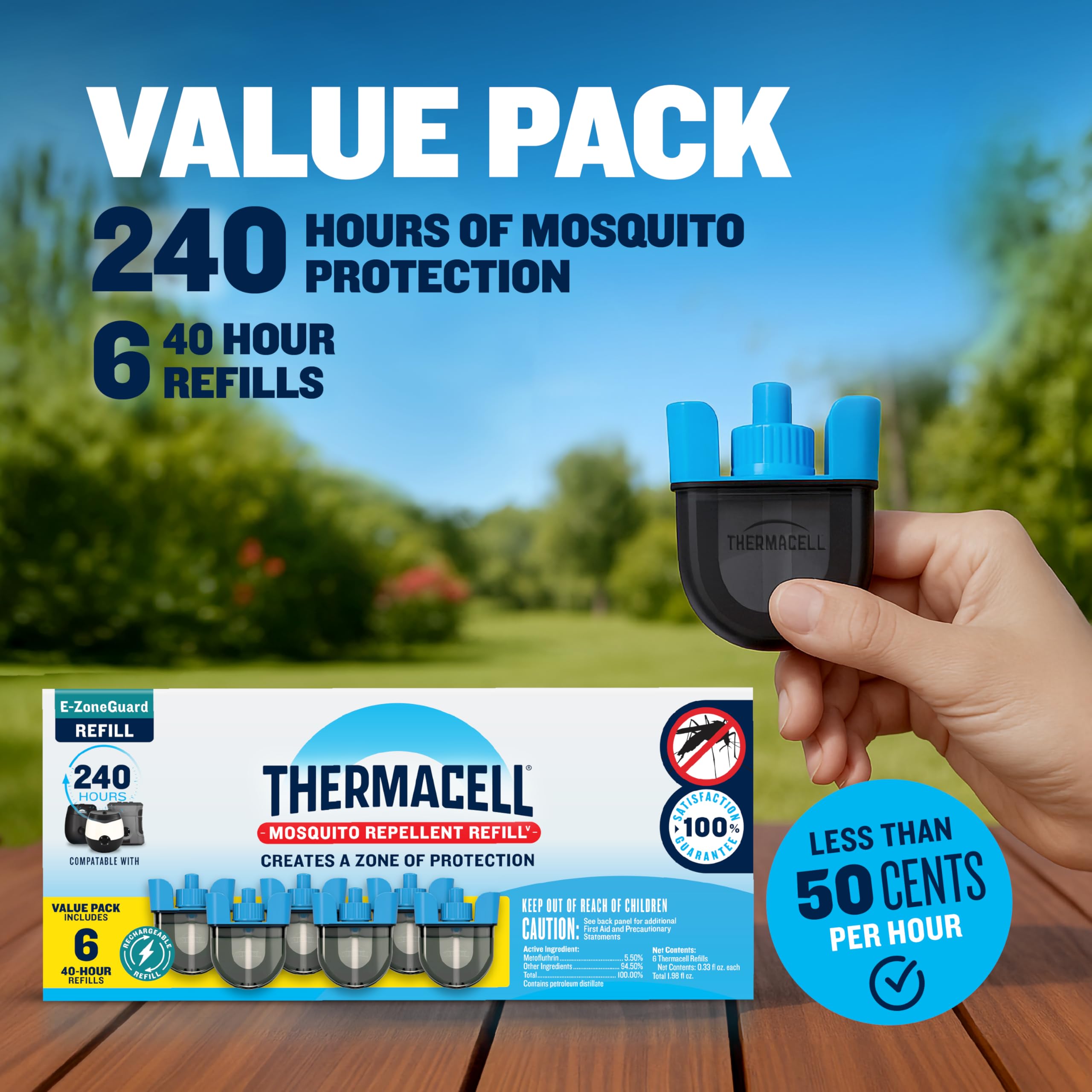 Thermacell Patio Shield cartridge refill supplies long-lasting protection.