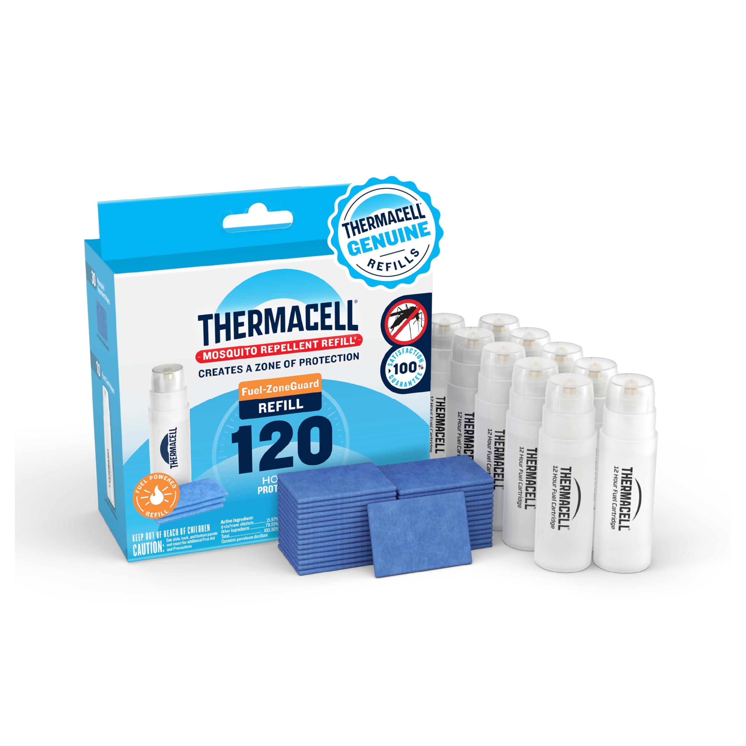 Thermacell refill pack showing 120-hour protection for outdoor use