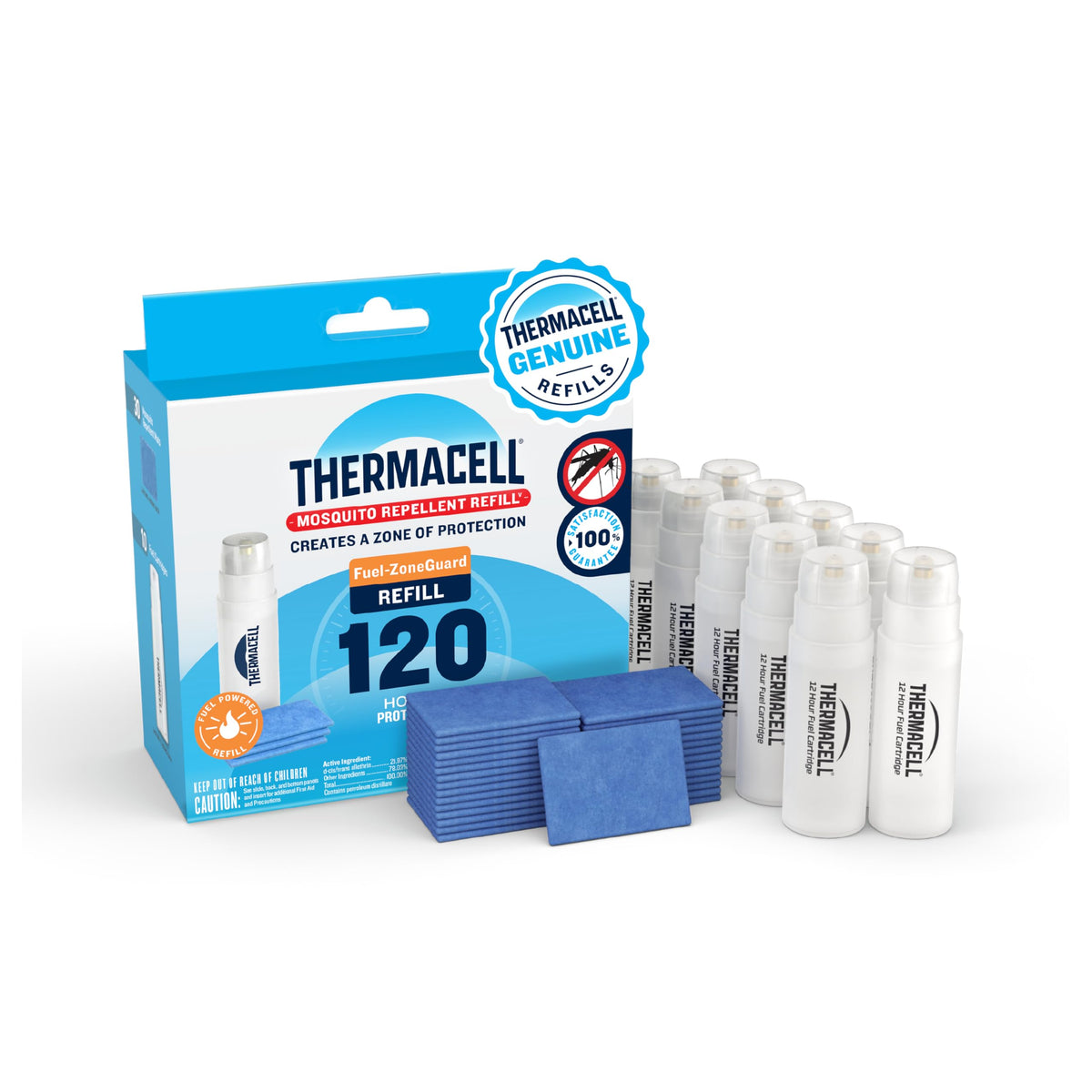 Thermacell refill pack showing 120-hour protection for outdoor use