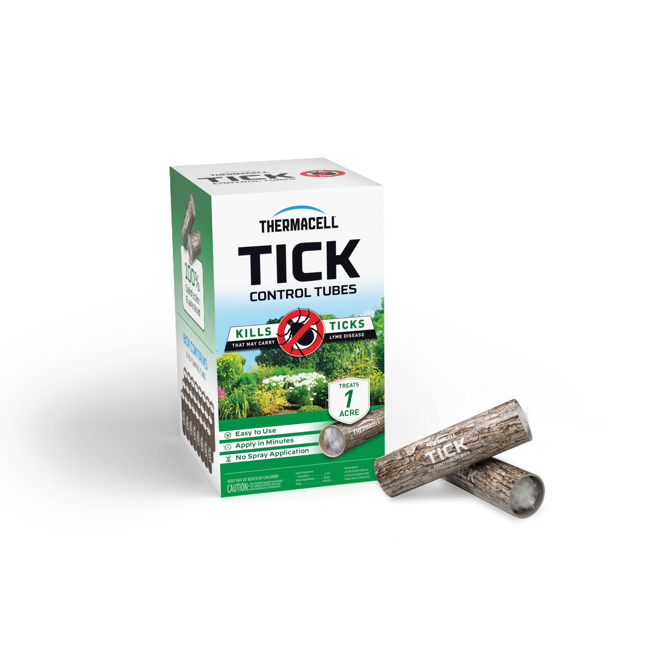 Thermacell Tick Control Tubes packaging shows a 24-count set for yard protection.