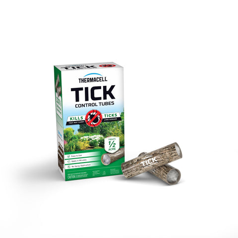 Thermacell Tick Control Tubes box shows 12-pack convenience for yard protection.