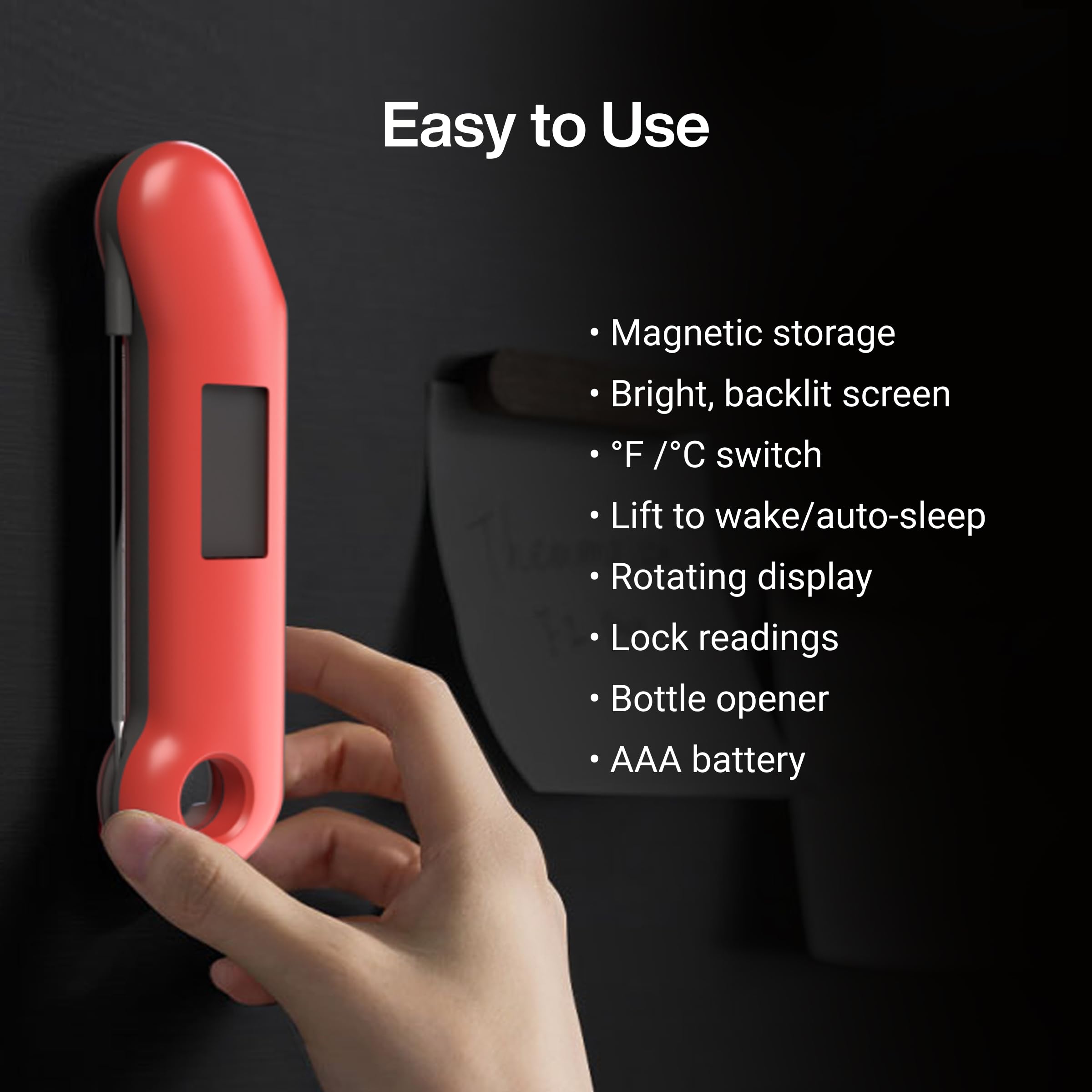 Magnetic and hook storage for ThermoMaven thermometer keeps it within reach