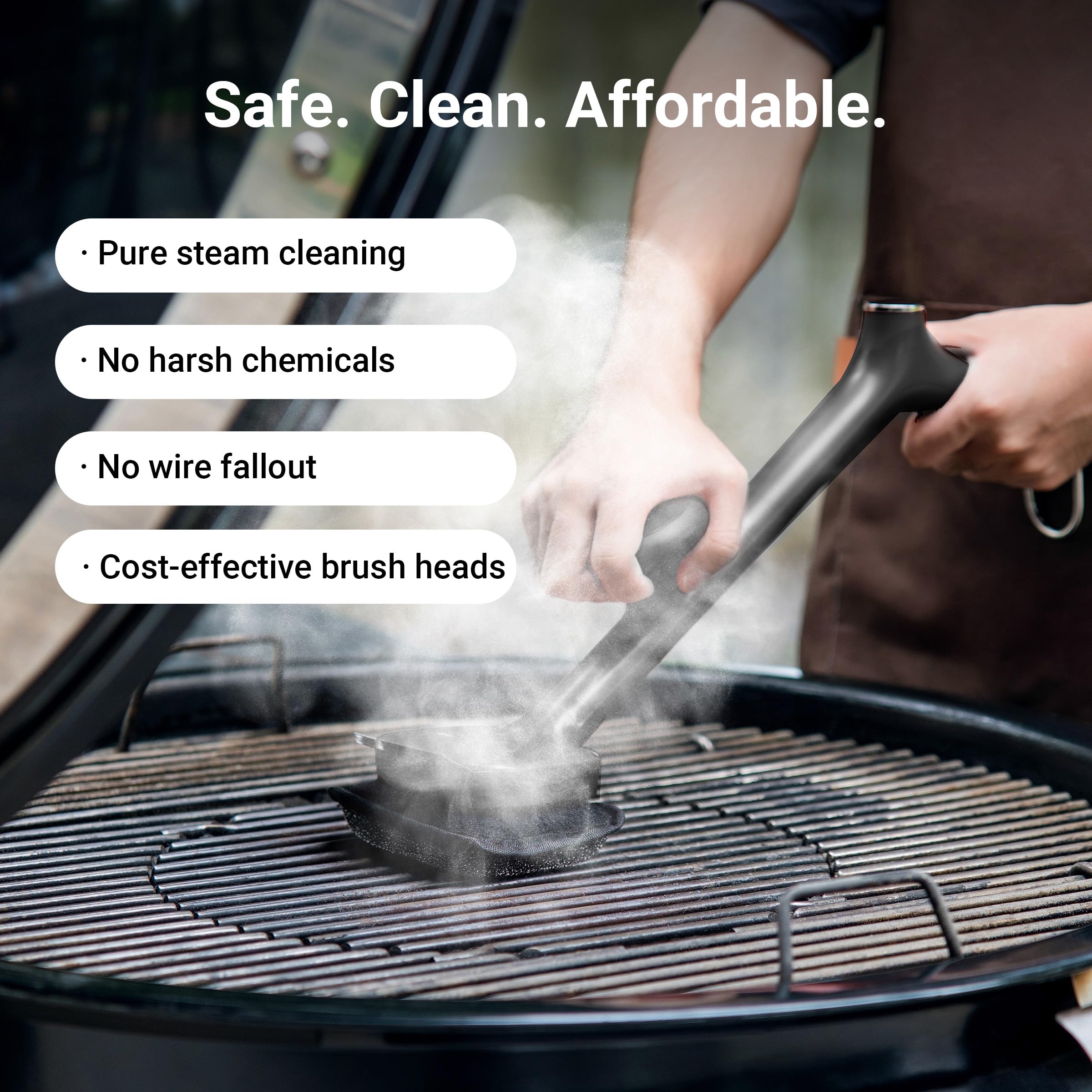 Stainless steel scraper removes tough residue from grates.