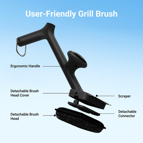 Three brush heads offer versatile cleaning for different grill surfaces.