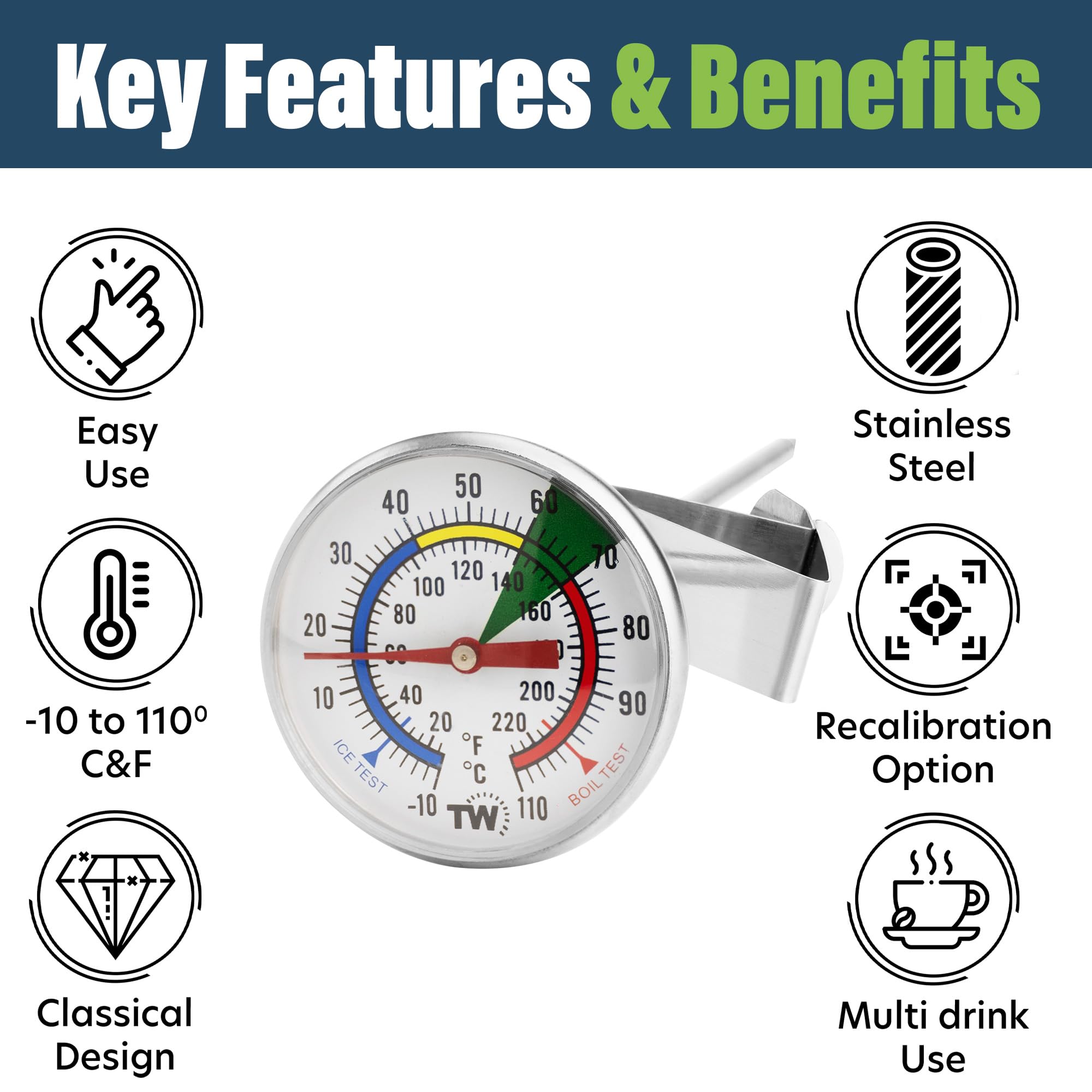 Thermometer World 175 mm probe reaches into steaming pitchers for barista accuracy.