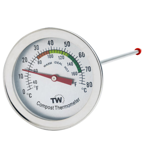 Thermometer World compost thermometer dial 50mm clearly displays temperature zones.