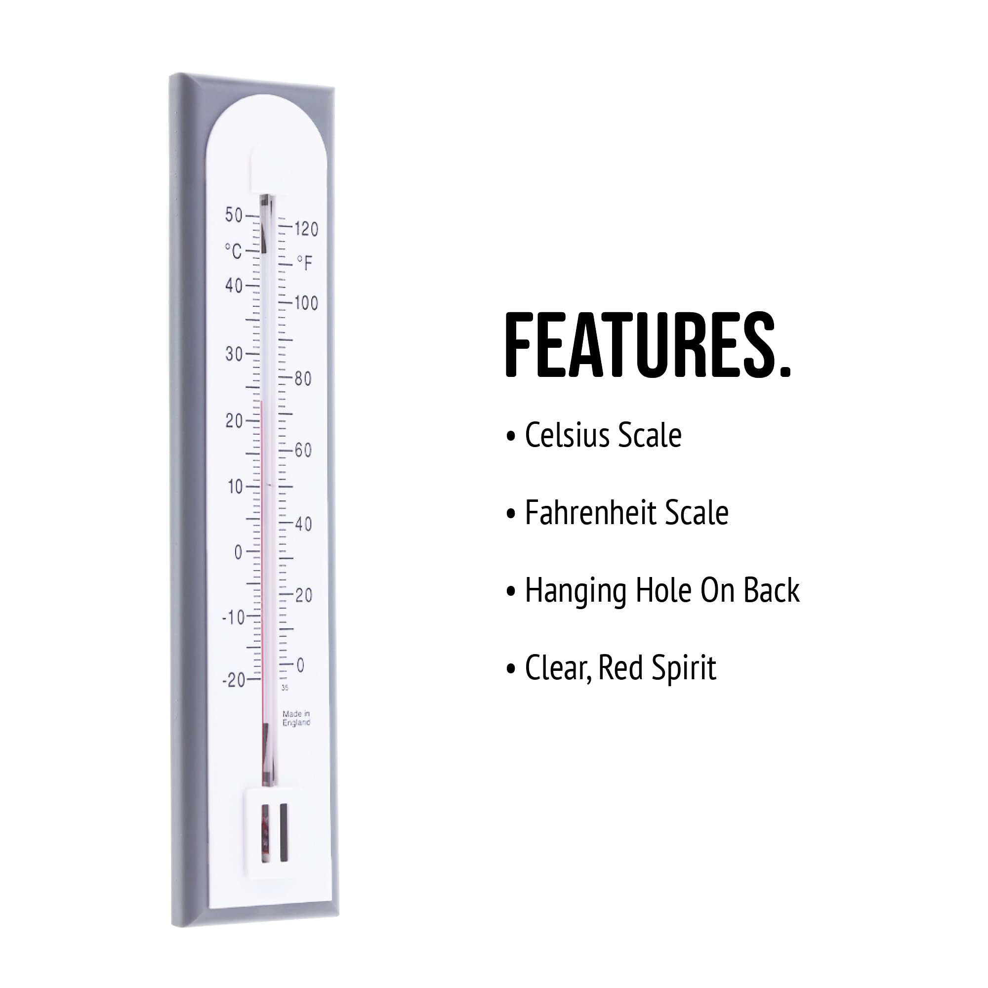 Thermometer World easy-hang design ready for quick wall mounting.