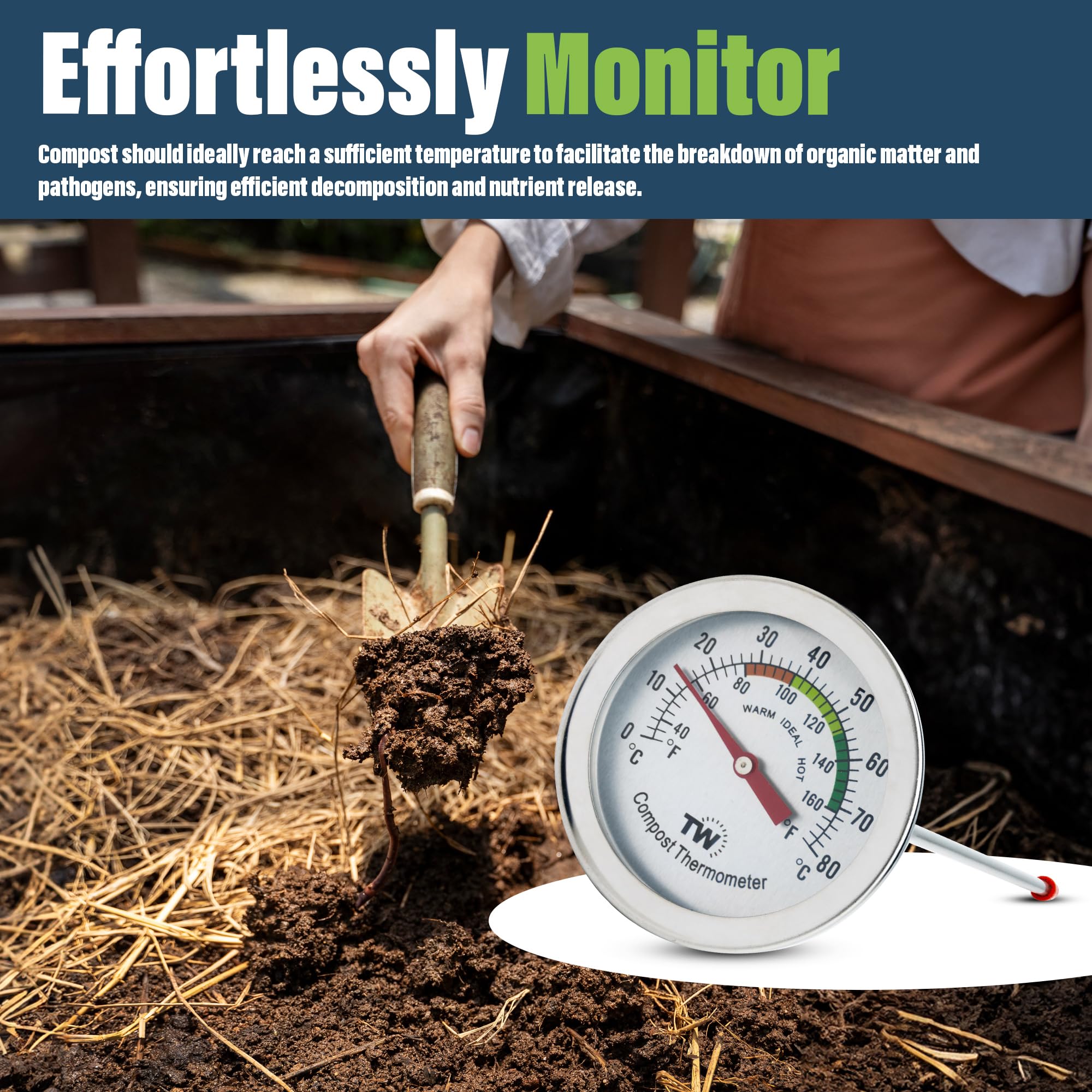 Thermometer World easy-to-read display saves time during ongoing composting.