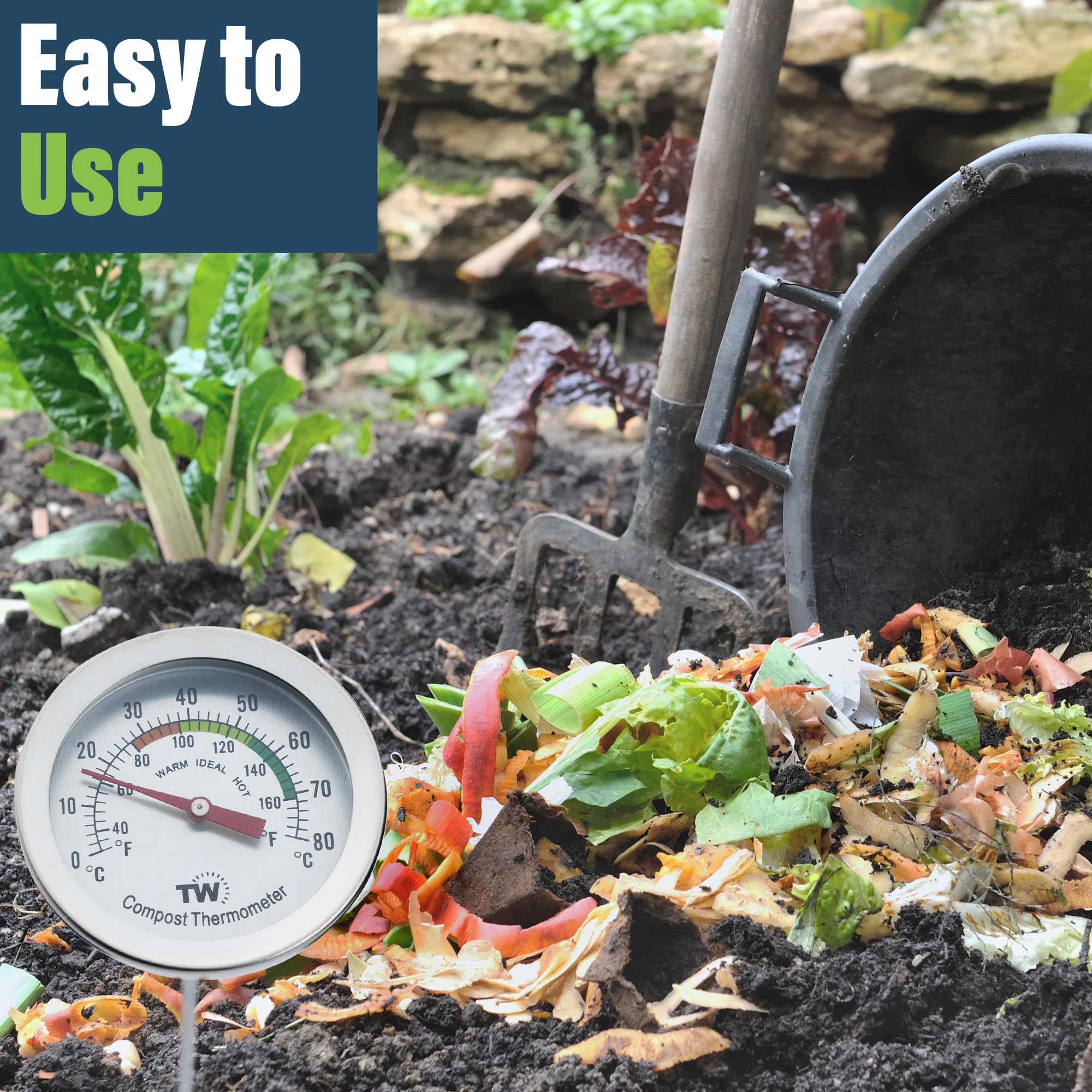 Thermometer World long probe enables deep placement for accurate soil readings.