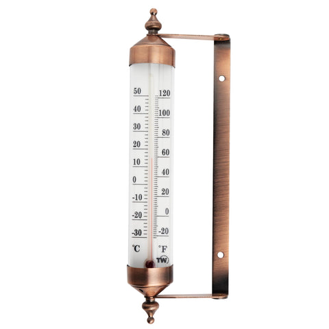 Thermometer World outside bronze-design nine-point-five-inch on wall for outdoor readings.