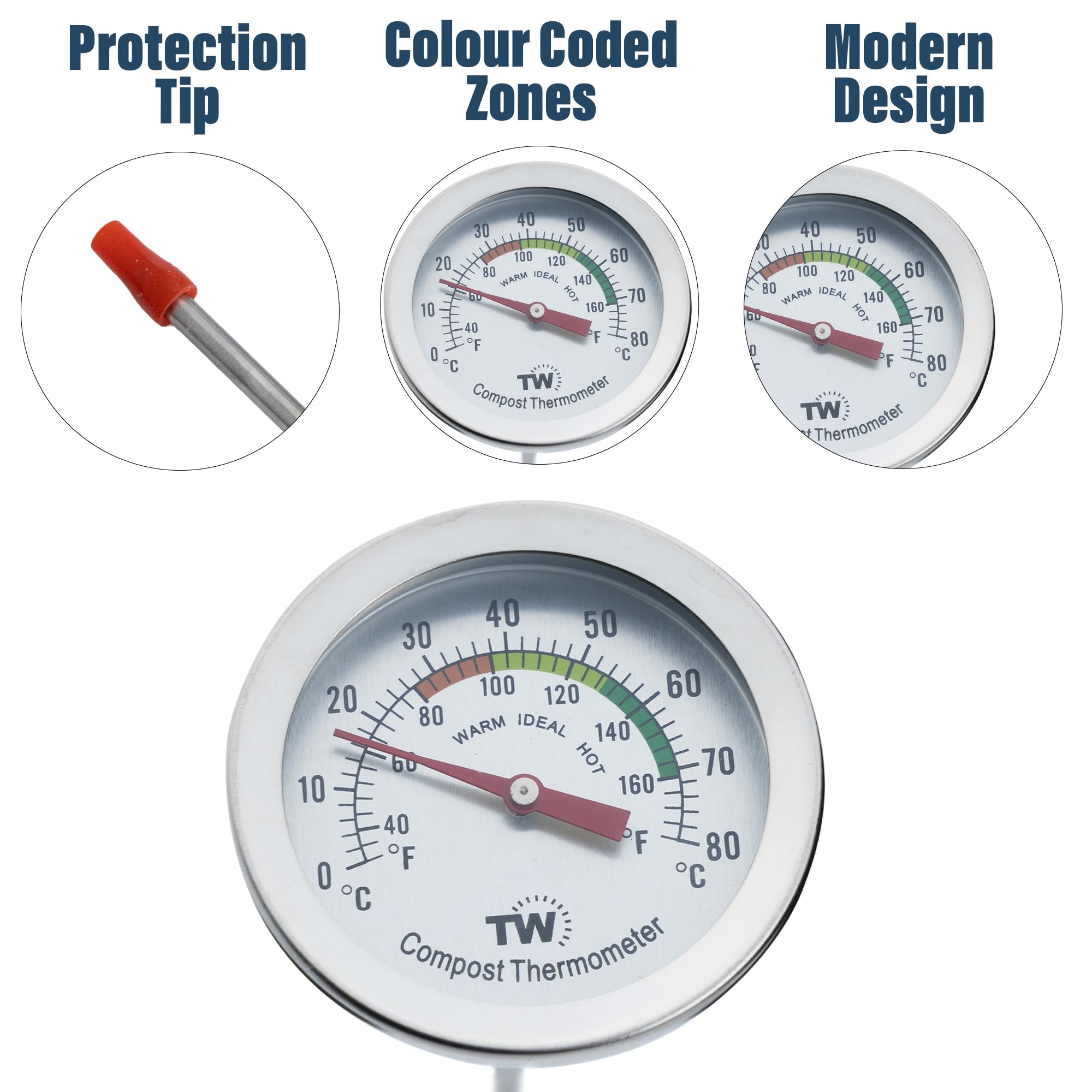Thermometer World stainless steel body provides durable, weather-resistant construction.